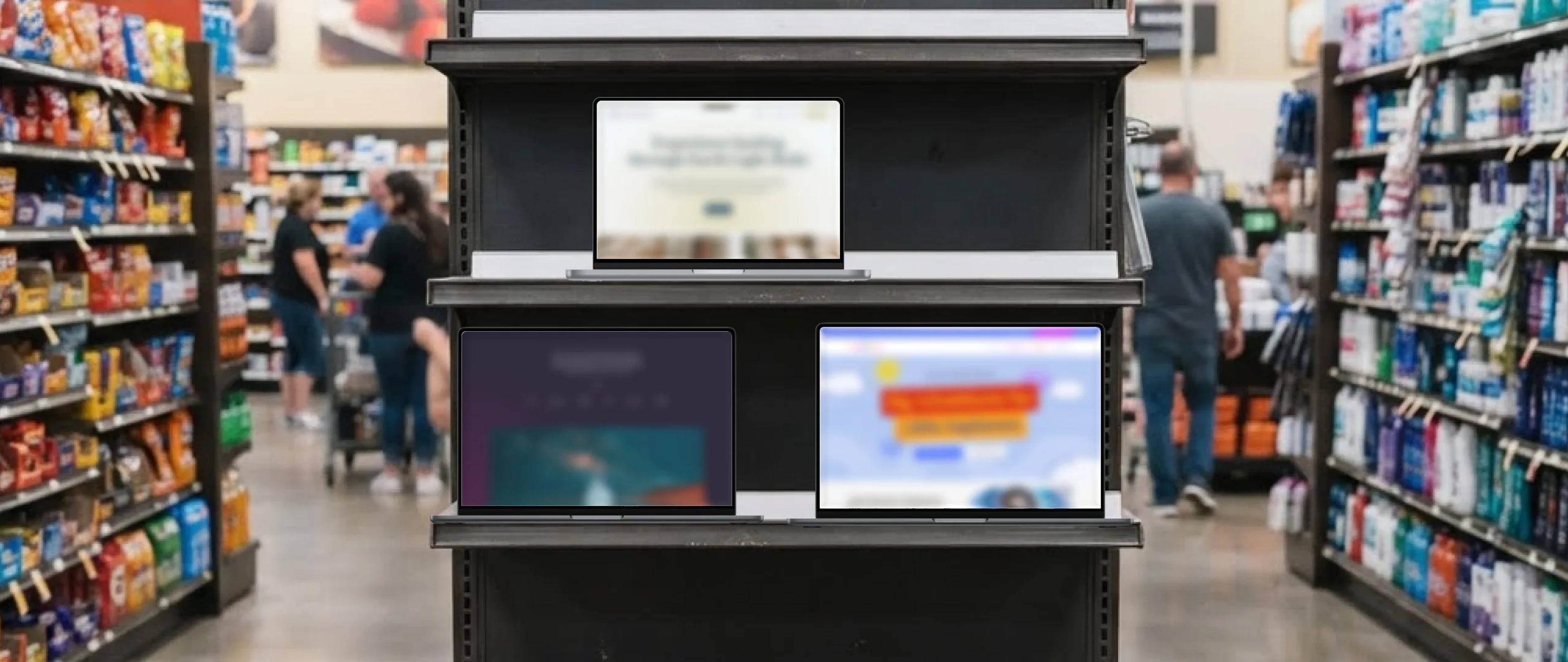 A photo of a shelf with various laptops sitting on it.