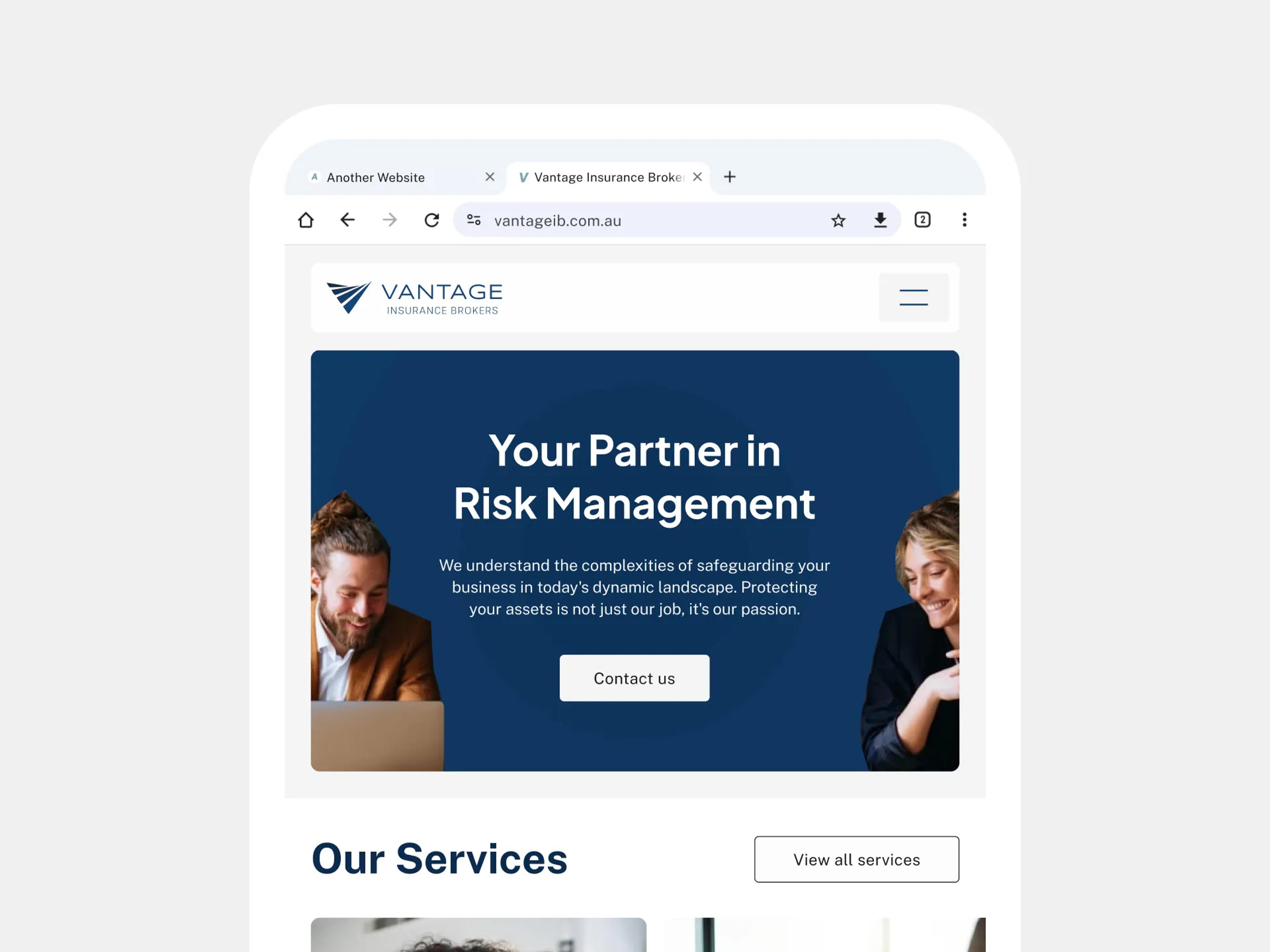 A mockup of the Vantage Insurance Brokers website on tablet.