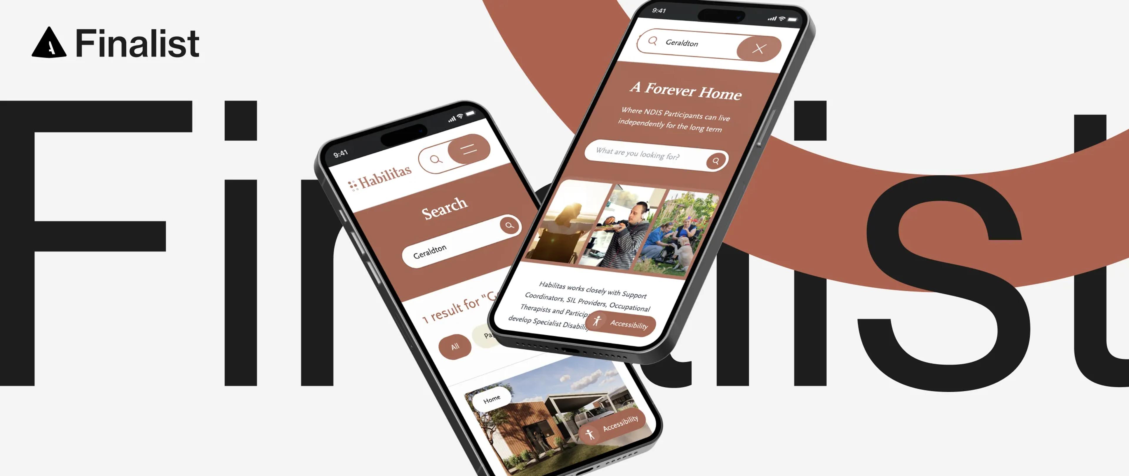 A mockup of a phone with a website we built on it. There is text in the background reading "Finalist".