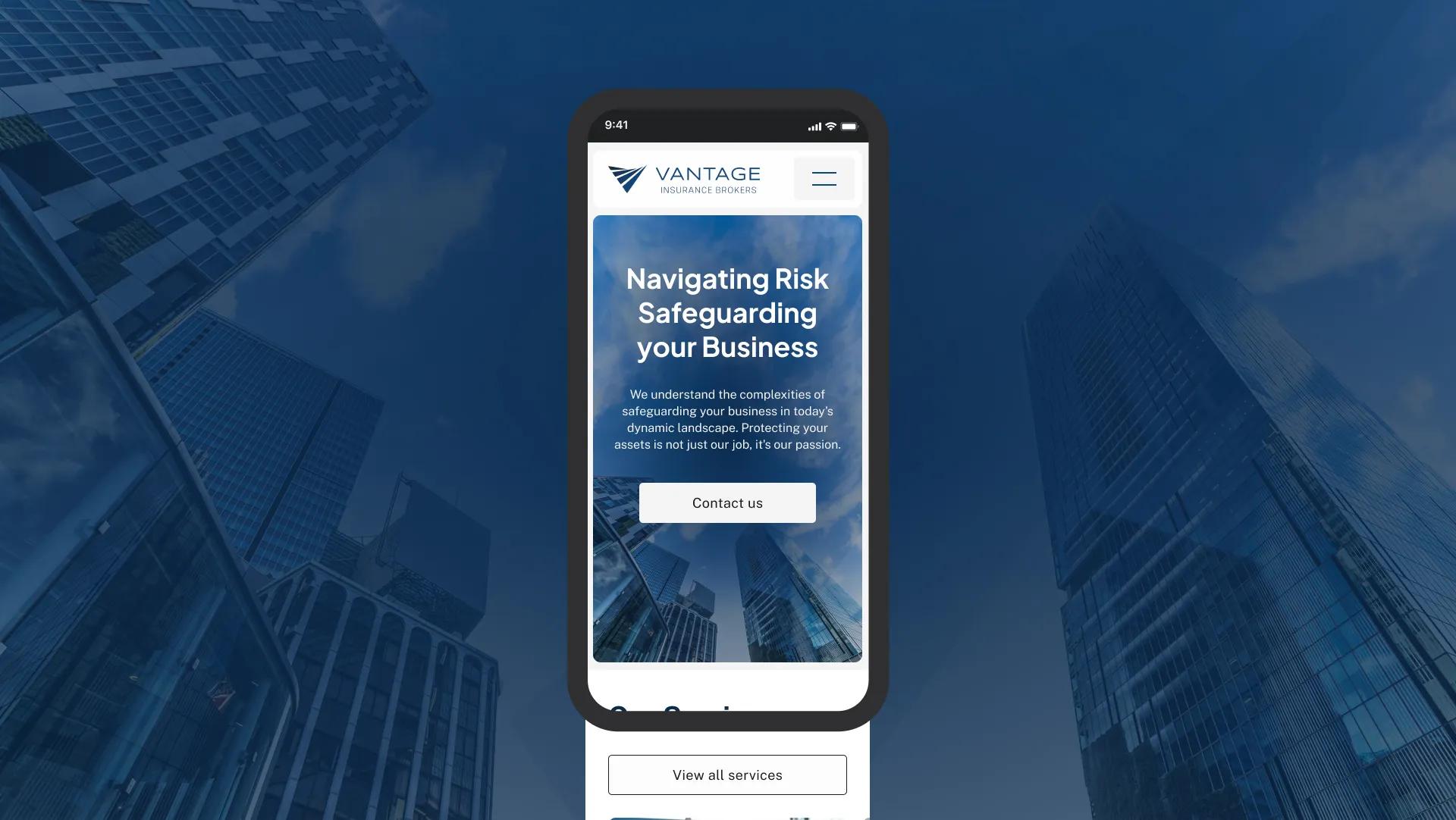 A mockup of the Vantage Insurance Brokers website on mobile.