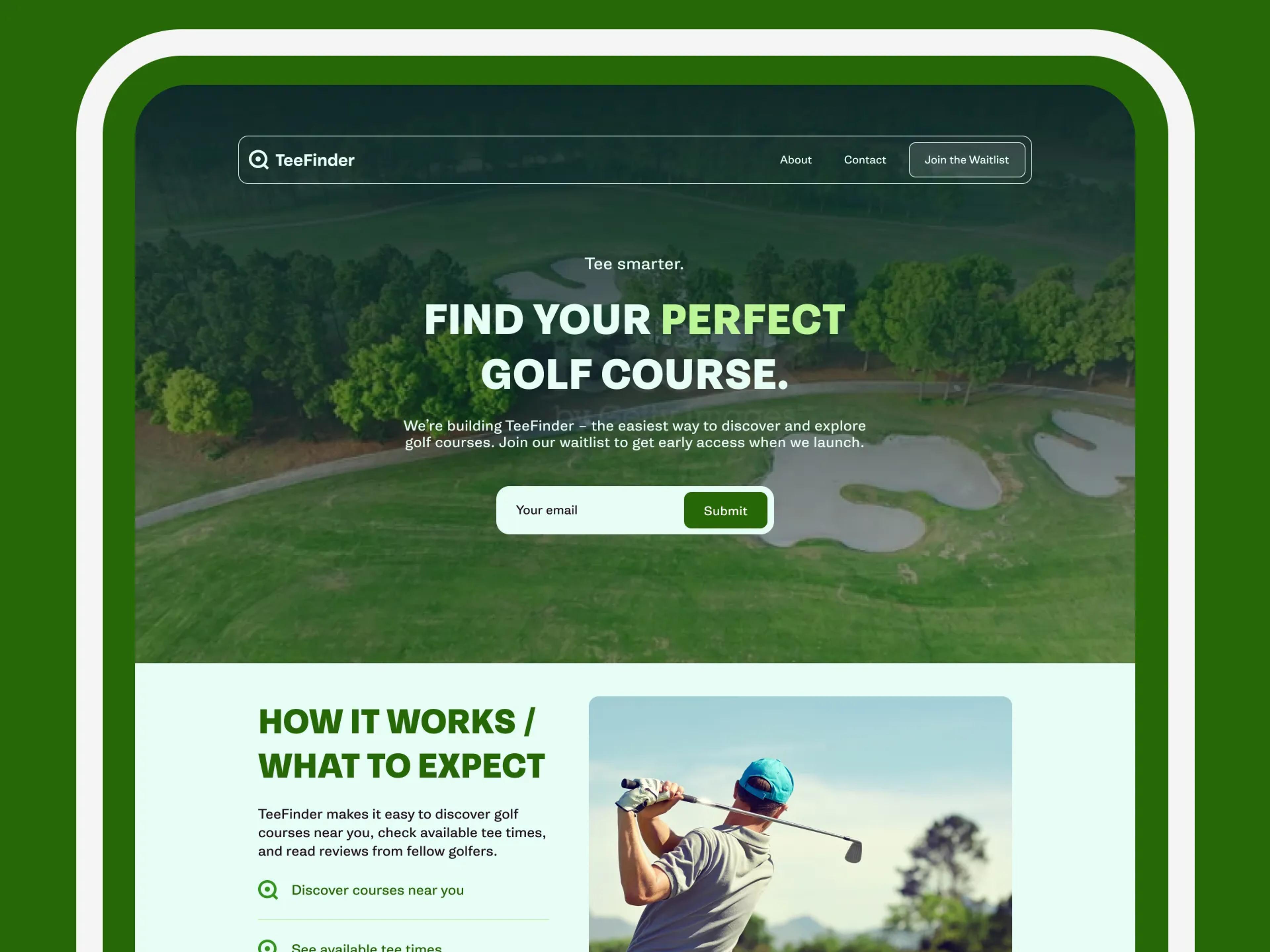 A mockup of the TeeFinder website on desktop.