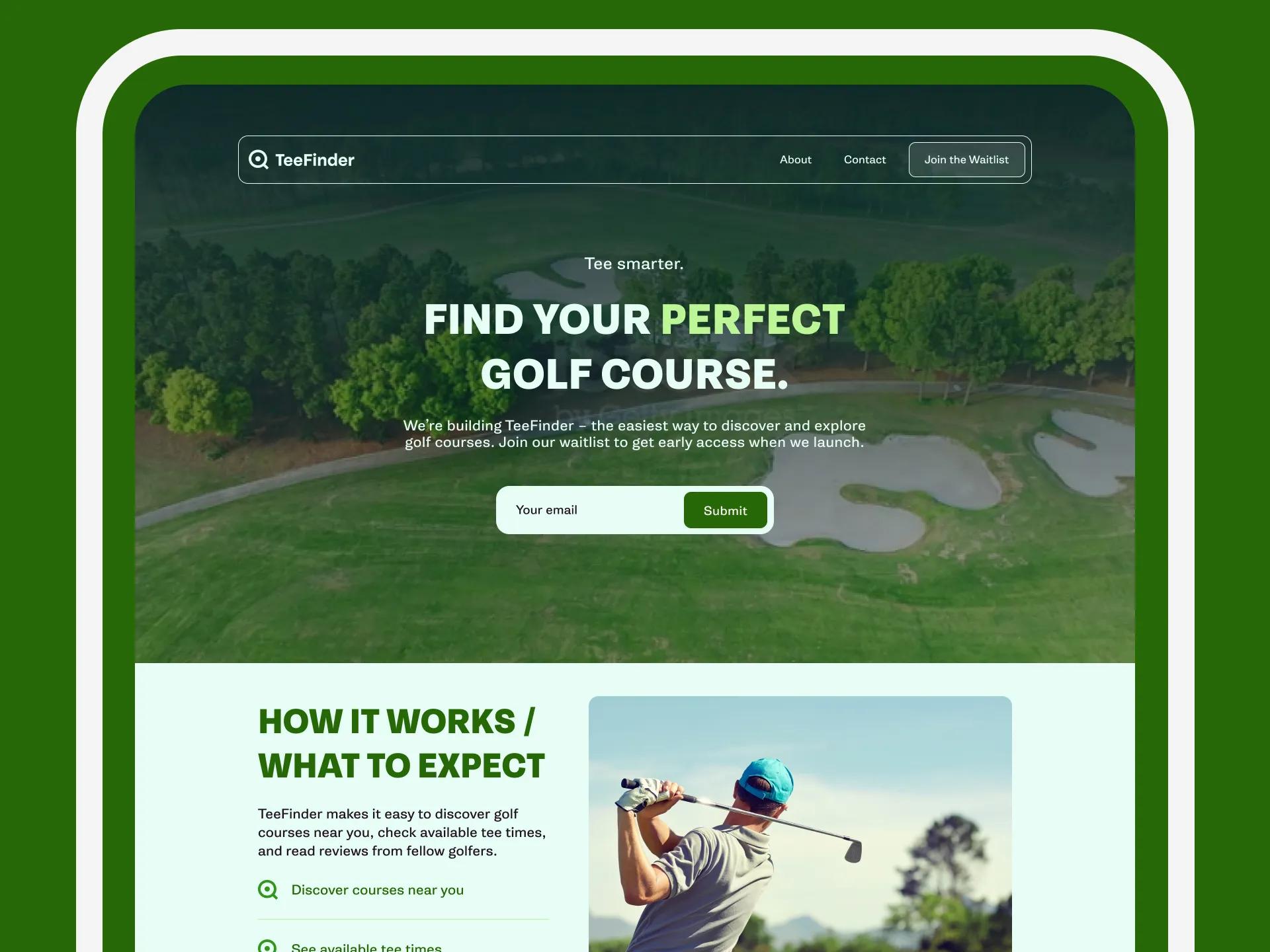 A mockup of the TeeFinder website on desktop.