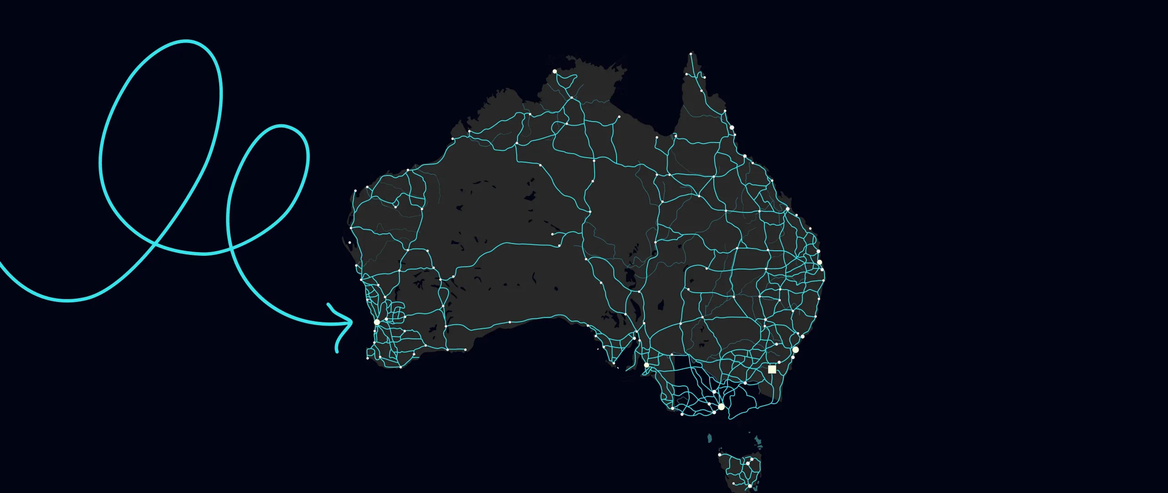 A map of Australia with a squiggly line pointing at Perth.