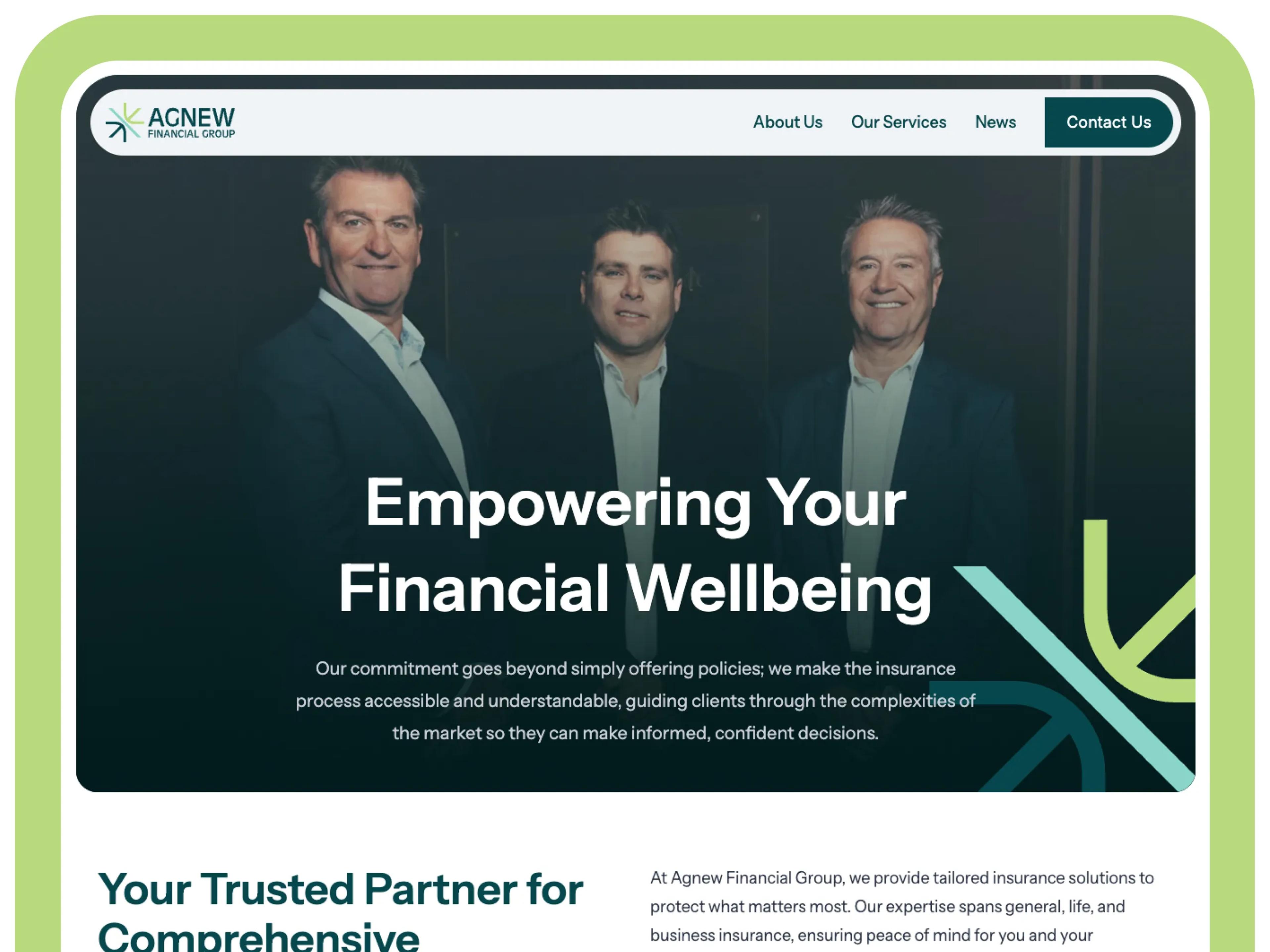 A mockup of the Agnew Financial Group website on desktop.