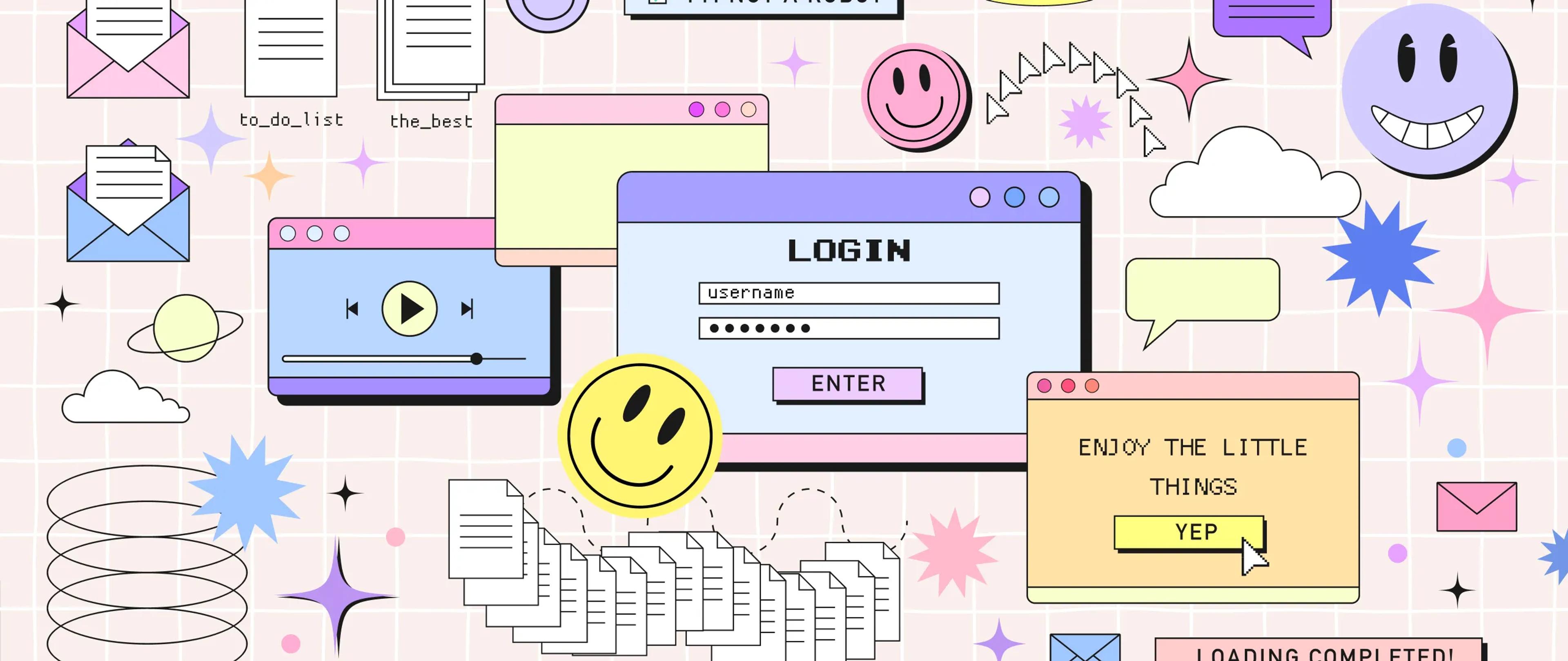 An abstract illustration of some browser windows and smiley faces.