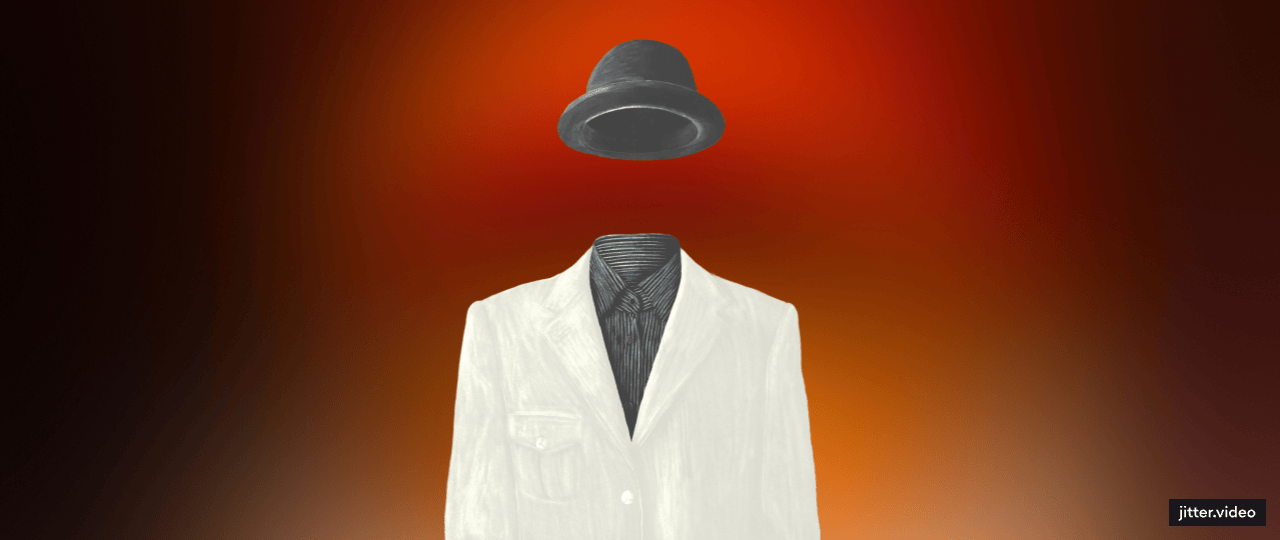 A mockup of a headless man on a gradient background. There is a hat levitating above the headless body.