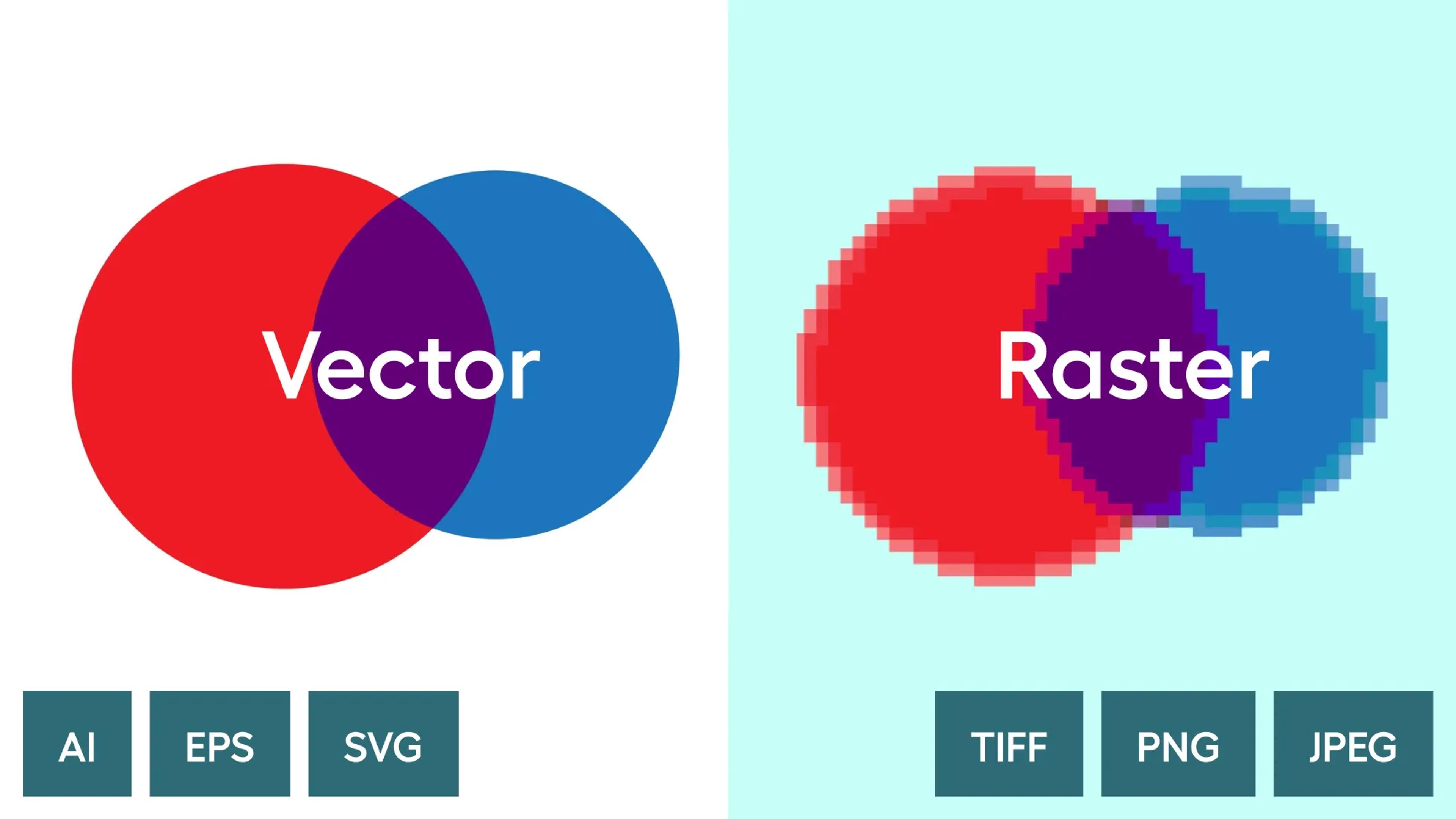 A graphic representation, using a venn diagram to show the difference between vector and raster images.