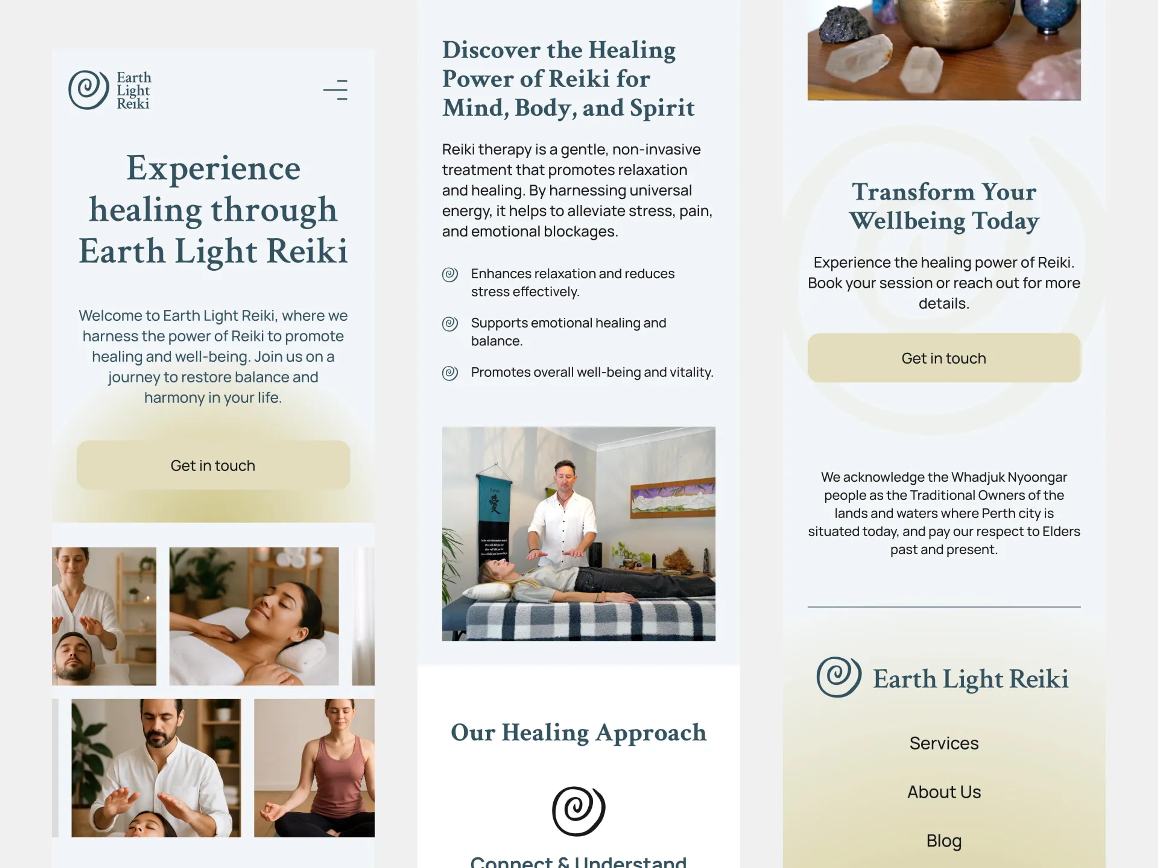 A mockup of the Earth Light Reiki designs on mobile.