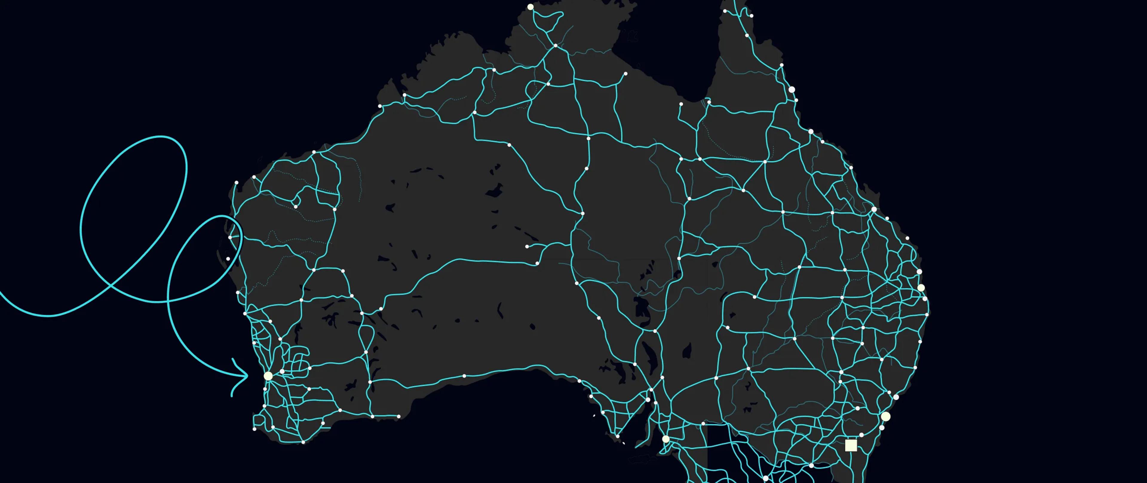 A map of Australia with a squiggly line pointing at Perth.