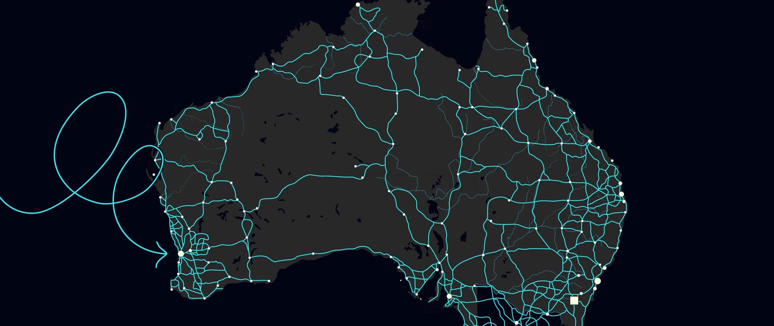 A map of Australia with a squiggly line pointing at Perth.