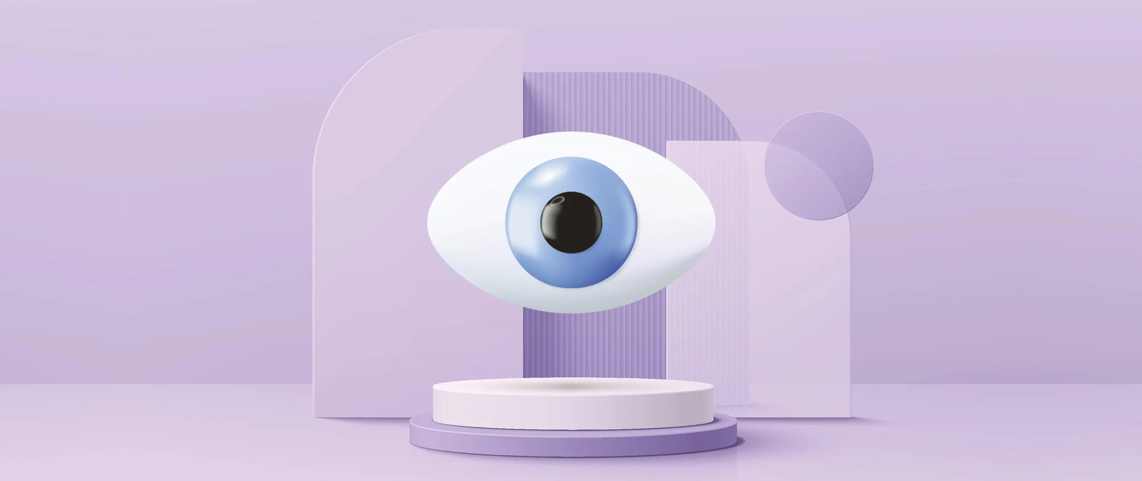 A mockup of a 3D eyeball, floating on a purple background.
