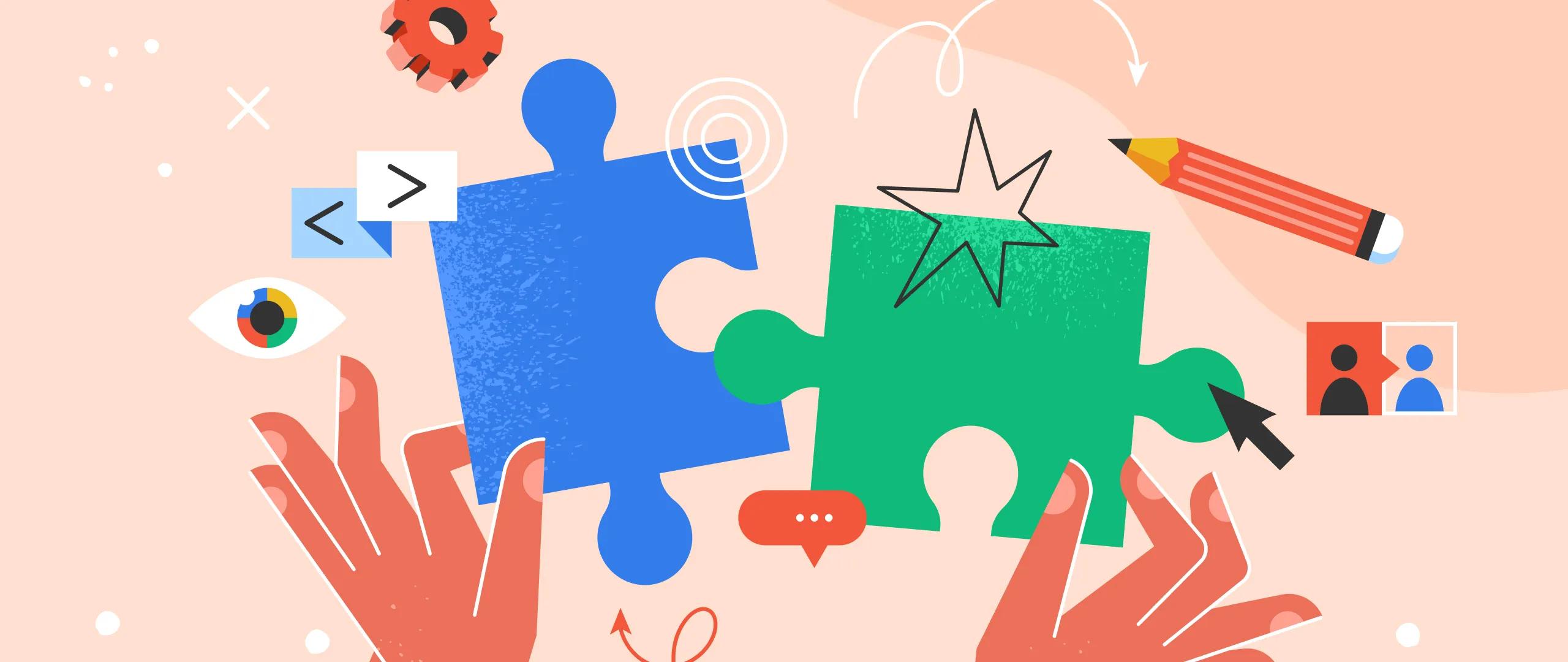 An illustration of two hands holding two jigsaw puzzle pieces.