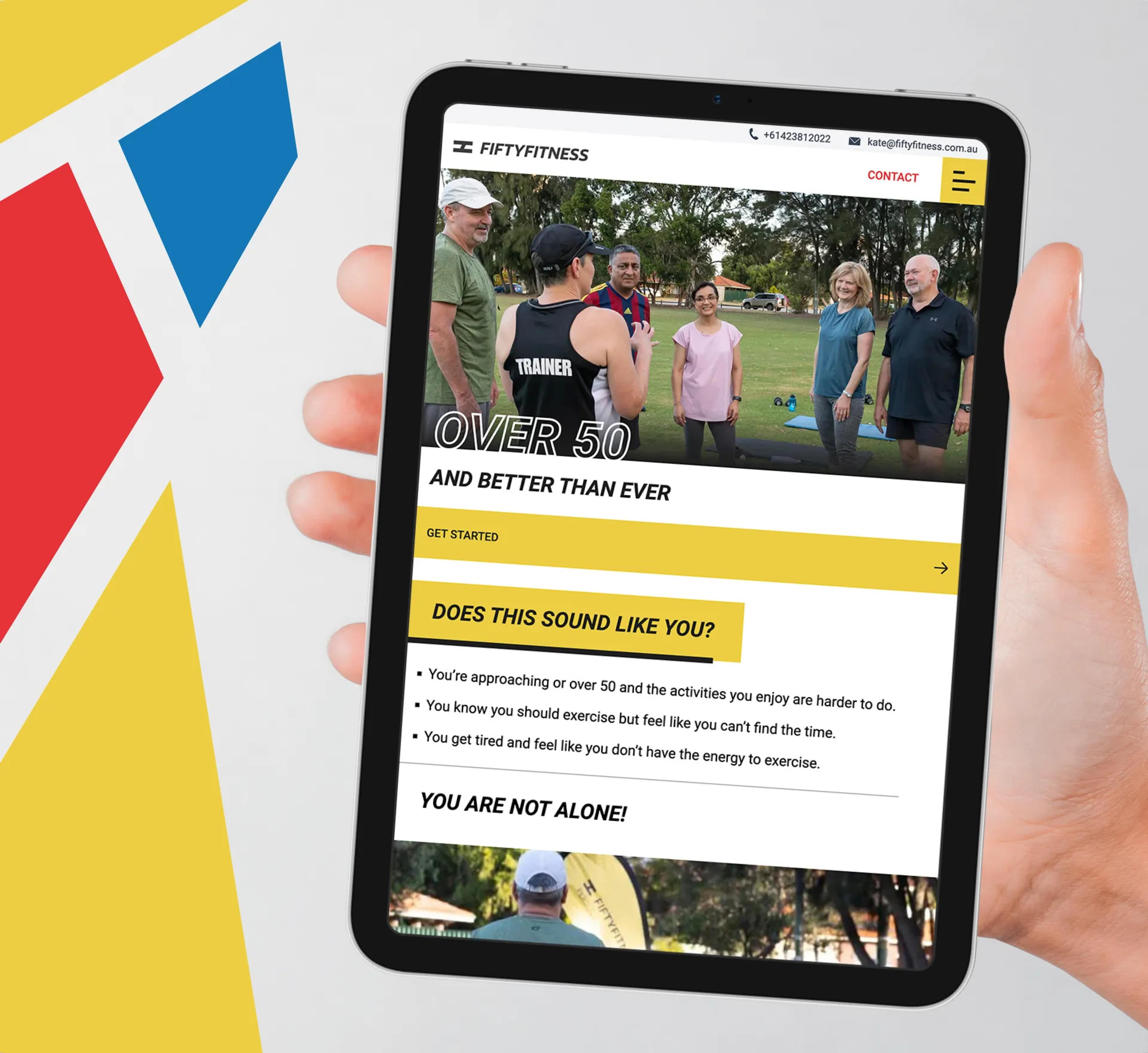 Mockup of FiftyFitness website on tablet.
