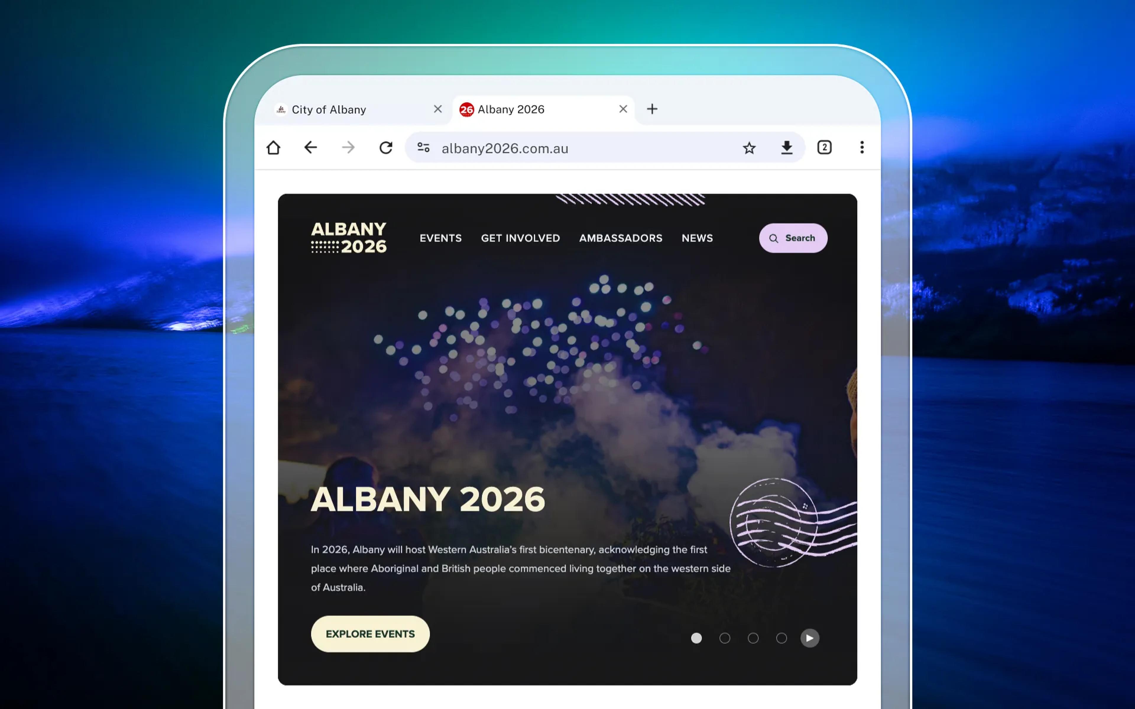 A mockup of the Albany 2026 project on tablet.