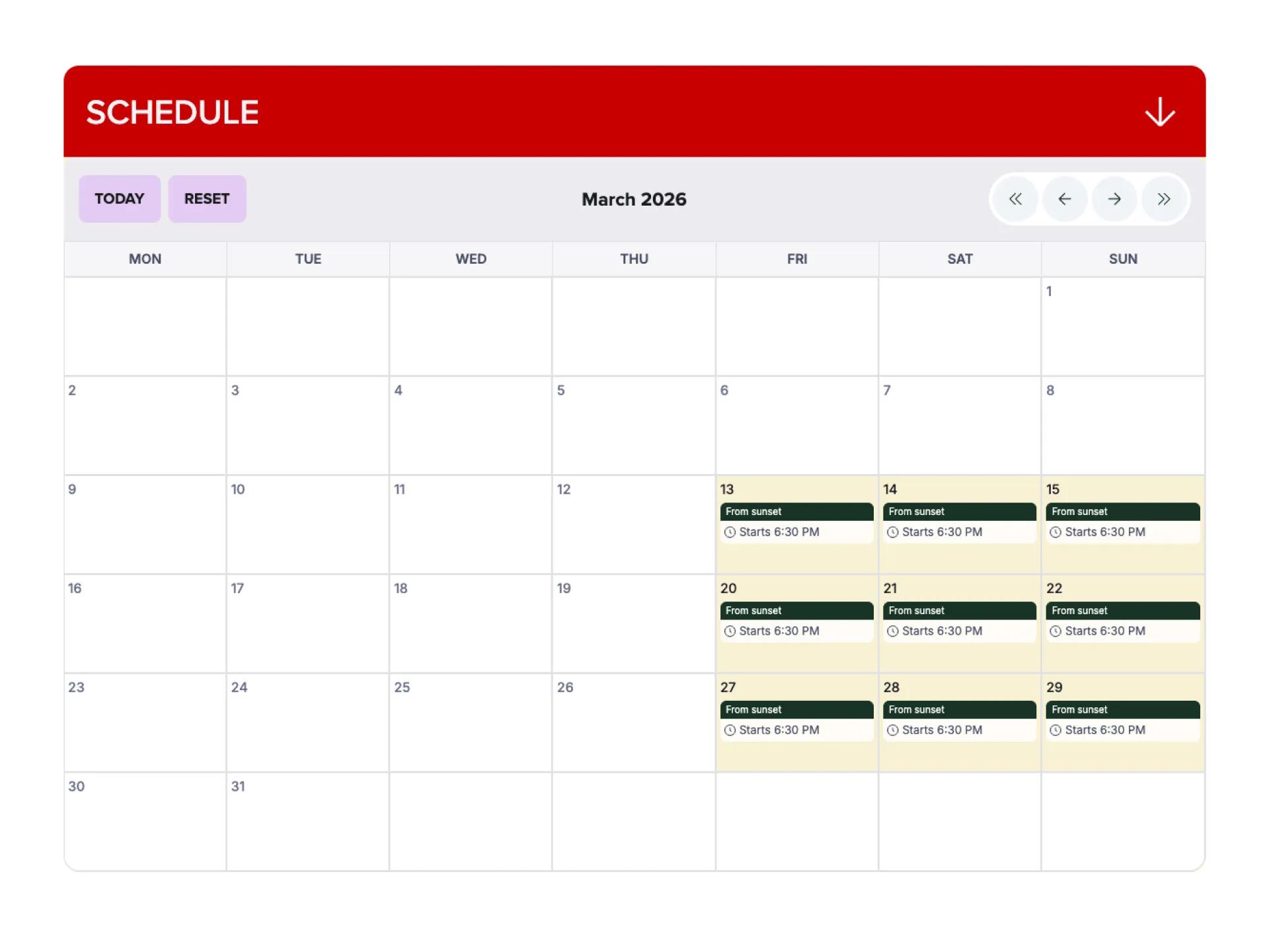 A screenshot of the Schedule interface on the Albany 2026 website.