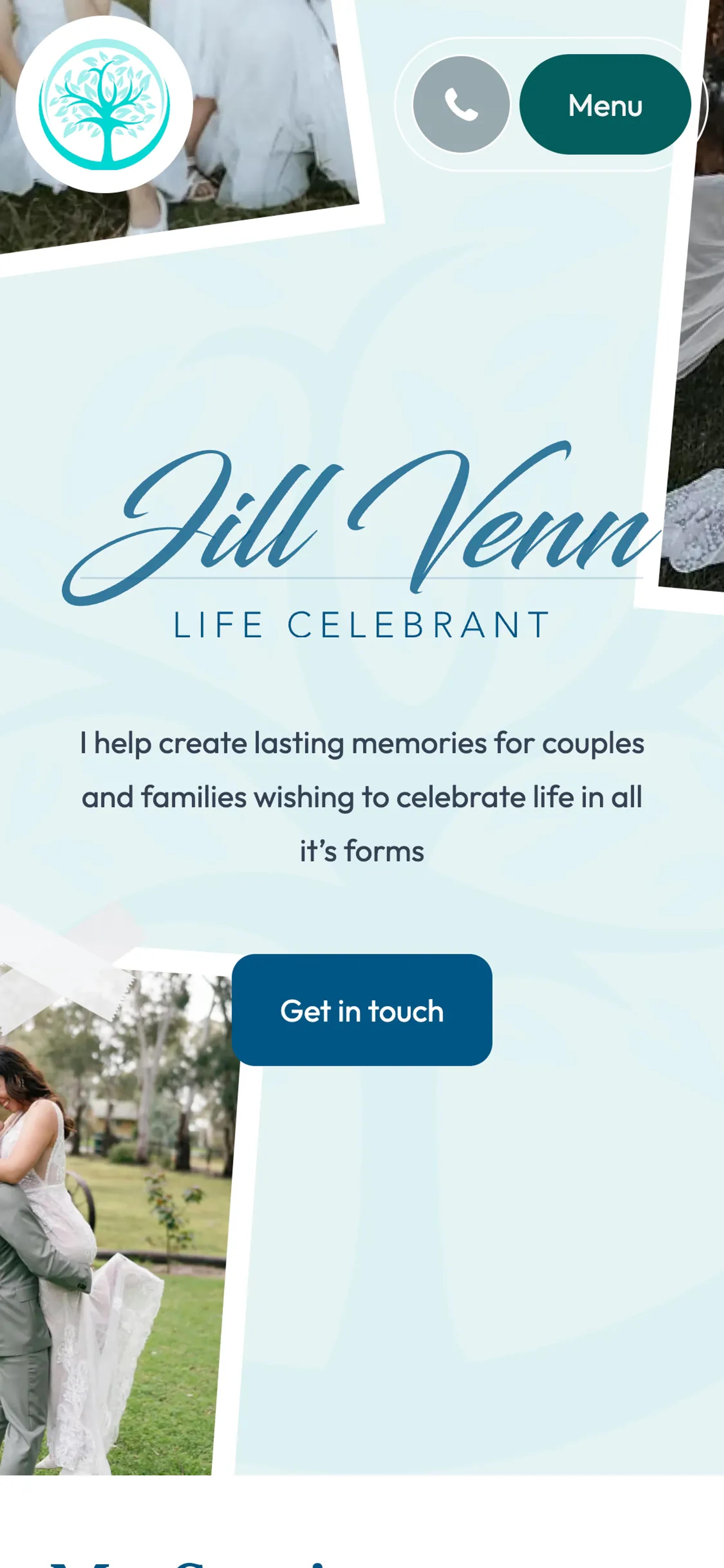 A mockup of the Jill Venn Life Celebrant website on mobile.