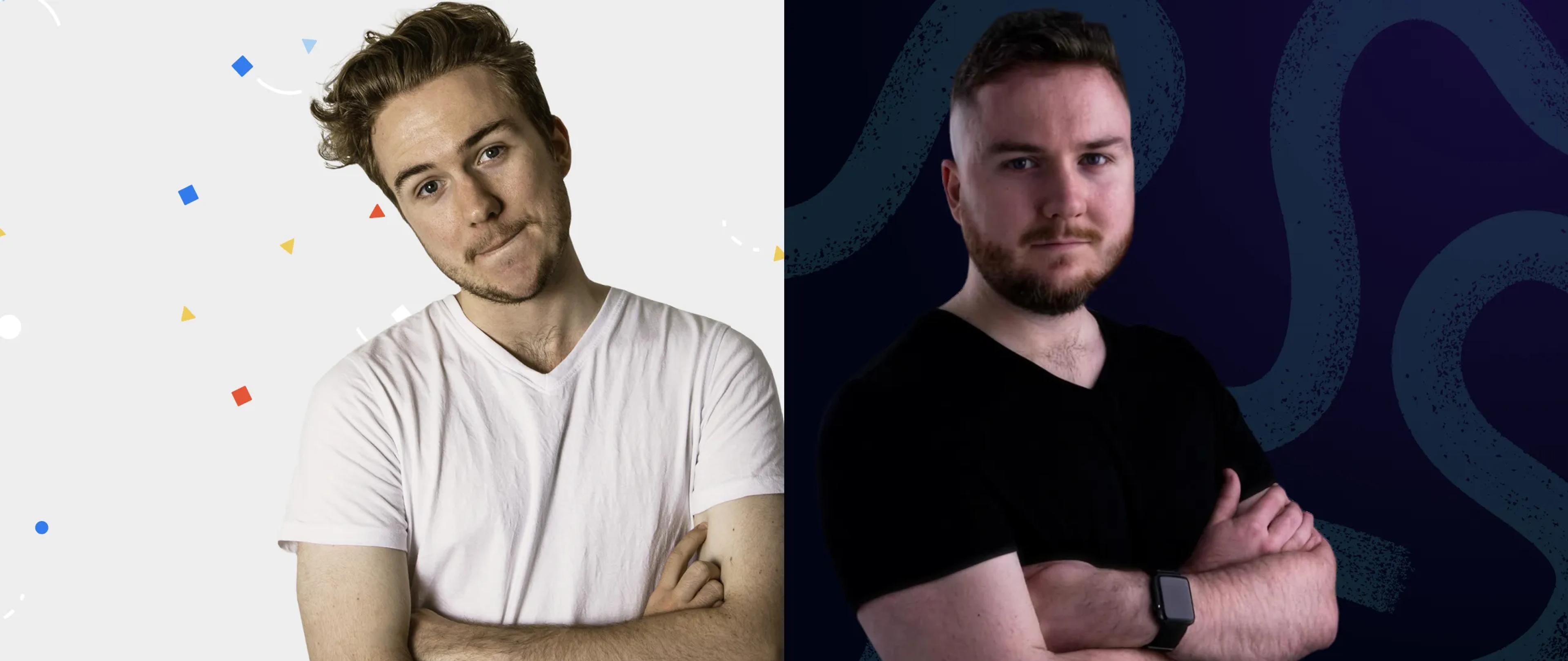 A photo comparing Eamon when he was 20 and Eamon now (2026).