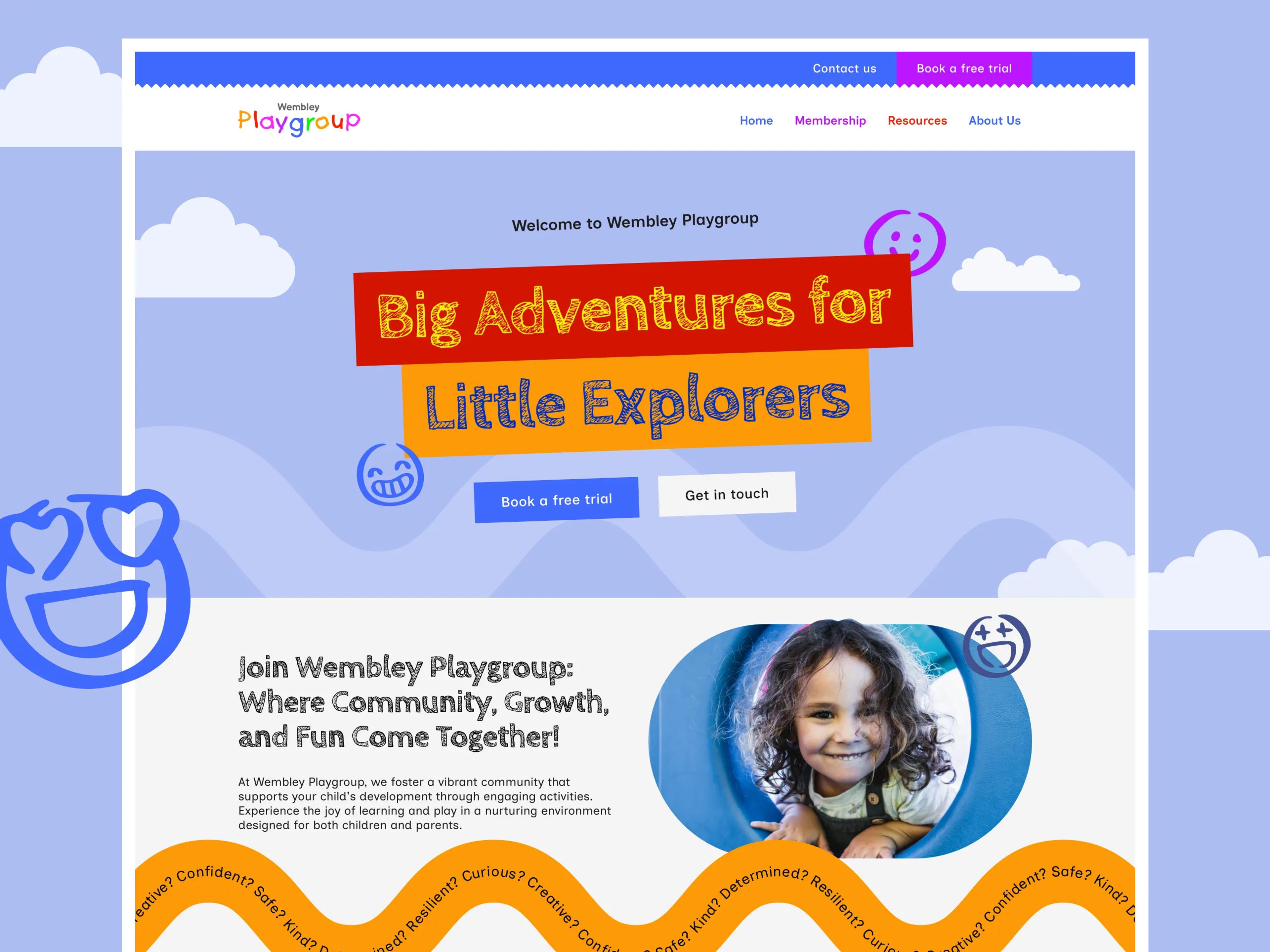 A mockup of the Wembley Playgroup website.