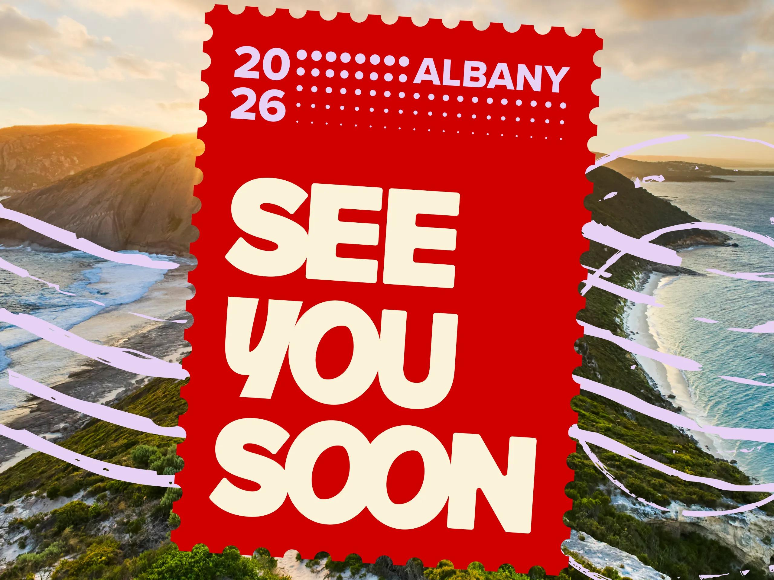 A photo of bald head trail in Albany with a "See you soon" stamp on top.