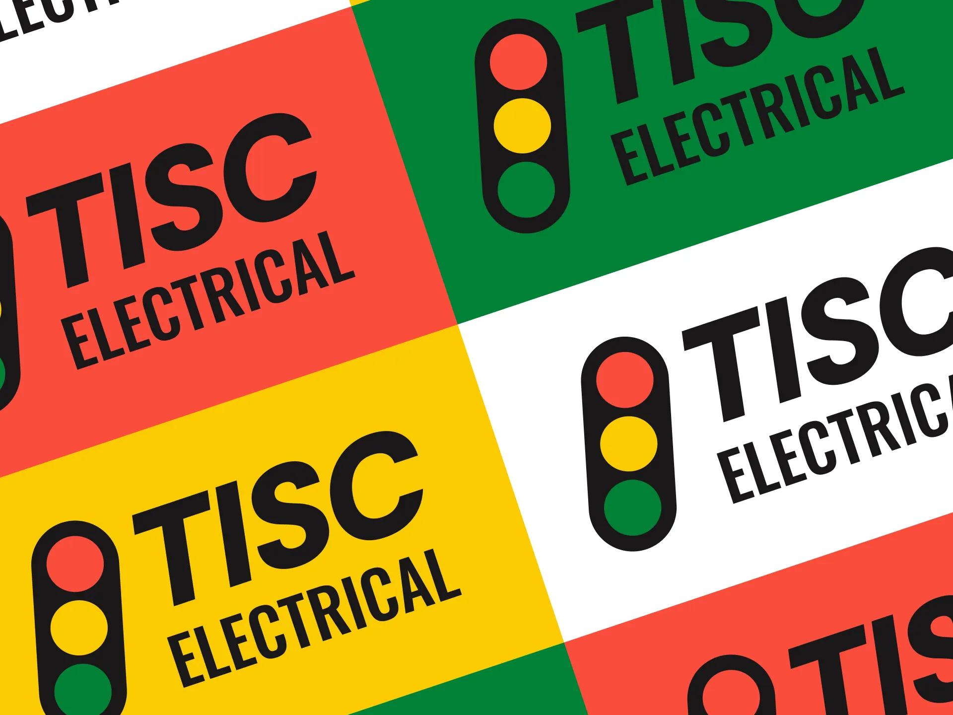 A mockup of a series of the TISC Electrical logo.