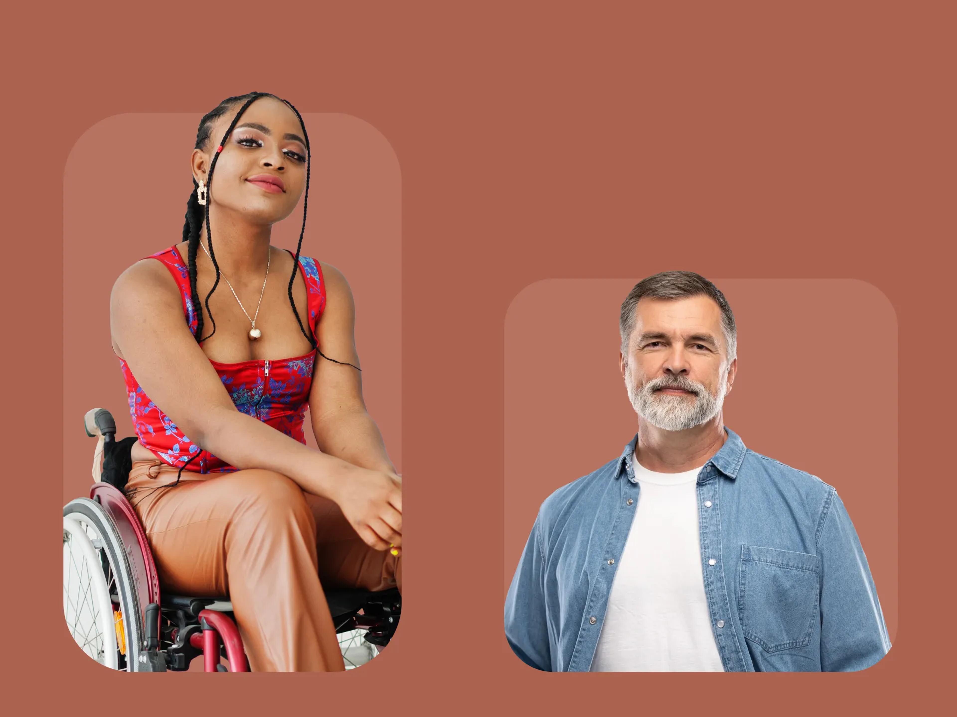 A photo of a woman sitting in a wheelchair and an older man.