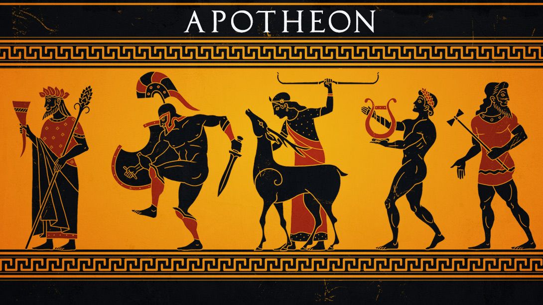 Apotheon promotional artwork depicting five figures from Greek mythology in a black-figure pottery style.