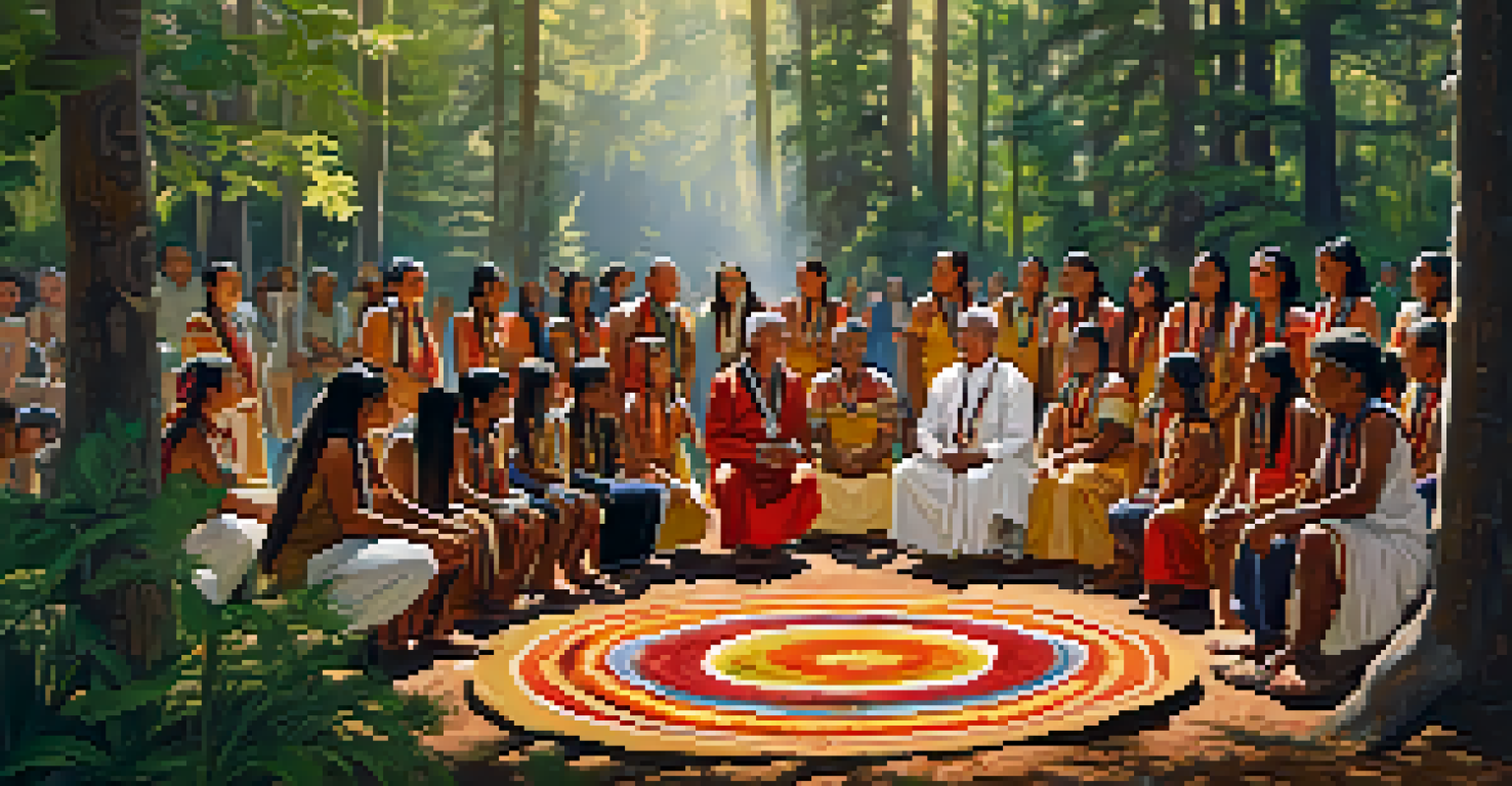 An intergenerational gathering of Indigenous people in a Peyote ceremony, with elders sharing stories in a forest setting.