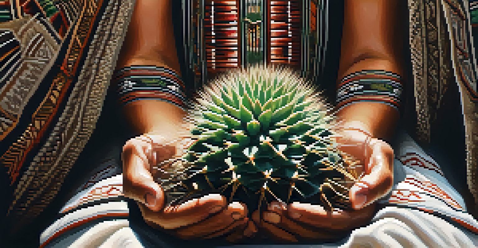 A close-up of a person's hands holding a Peyote cactus, with blurred traditional artifacts in the background and soft natural lighting.