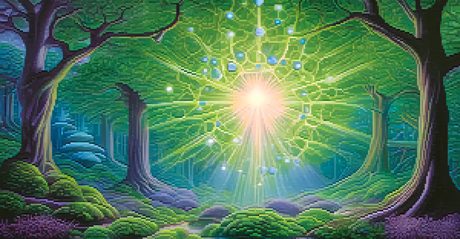 An abstract representation of mescaline's molecular structure over a serene nature scene.