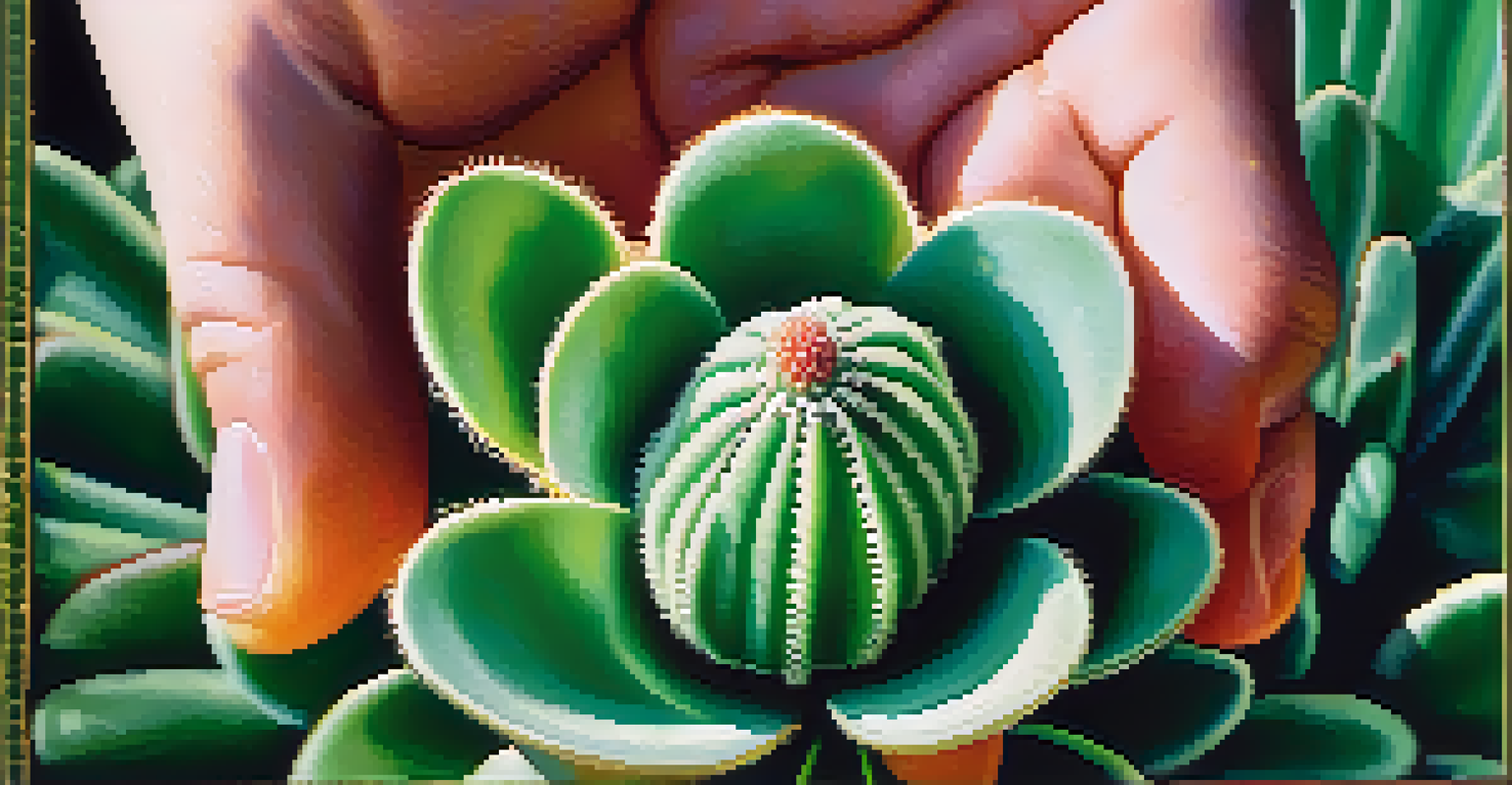 A close-up view of a hand holding a peyote cactus, focusing on its texture and details.
