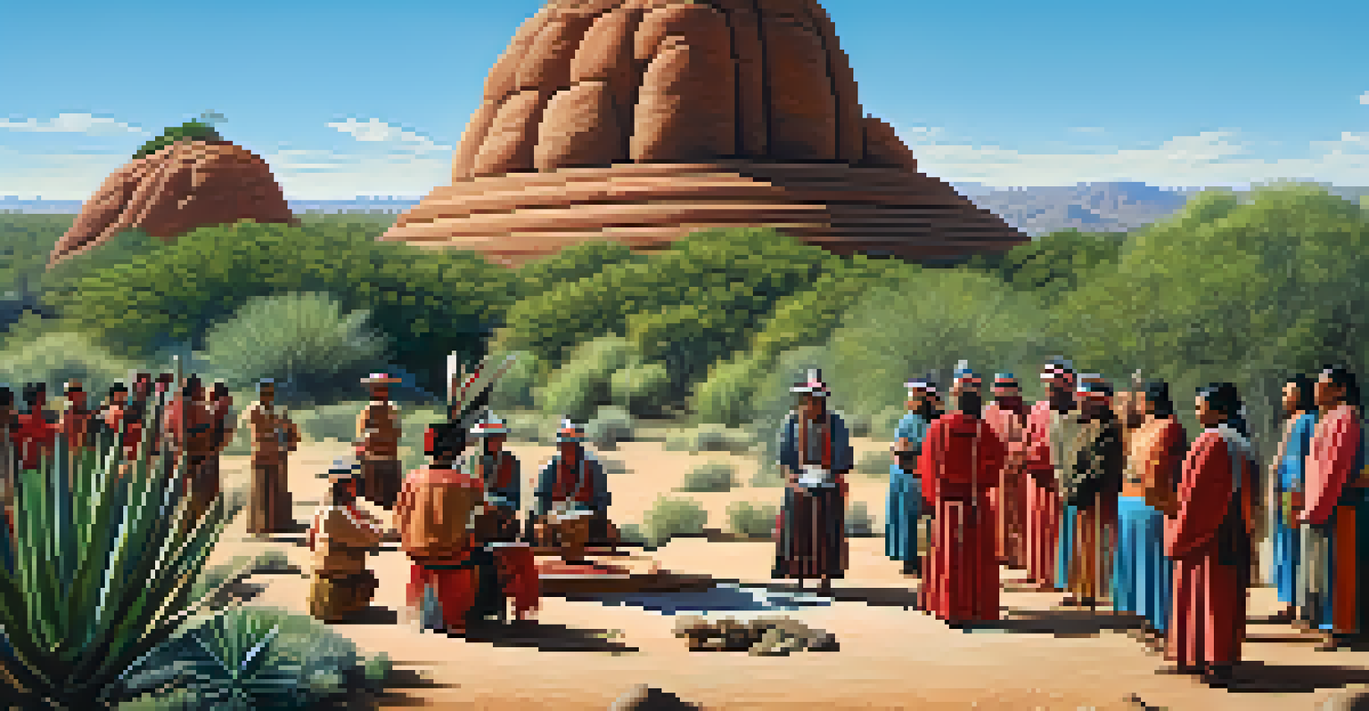 An Indigenous ceremony taking place in nature, with people in traditional clothing around a peyote cactus.