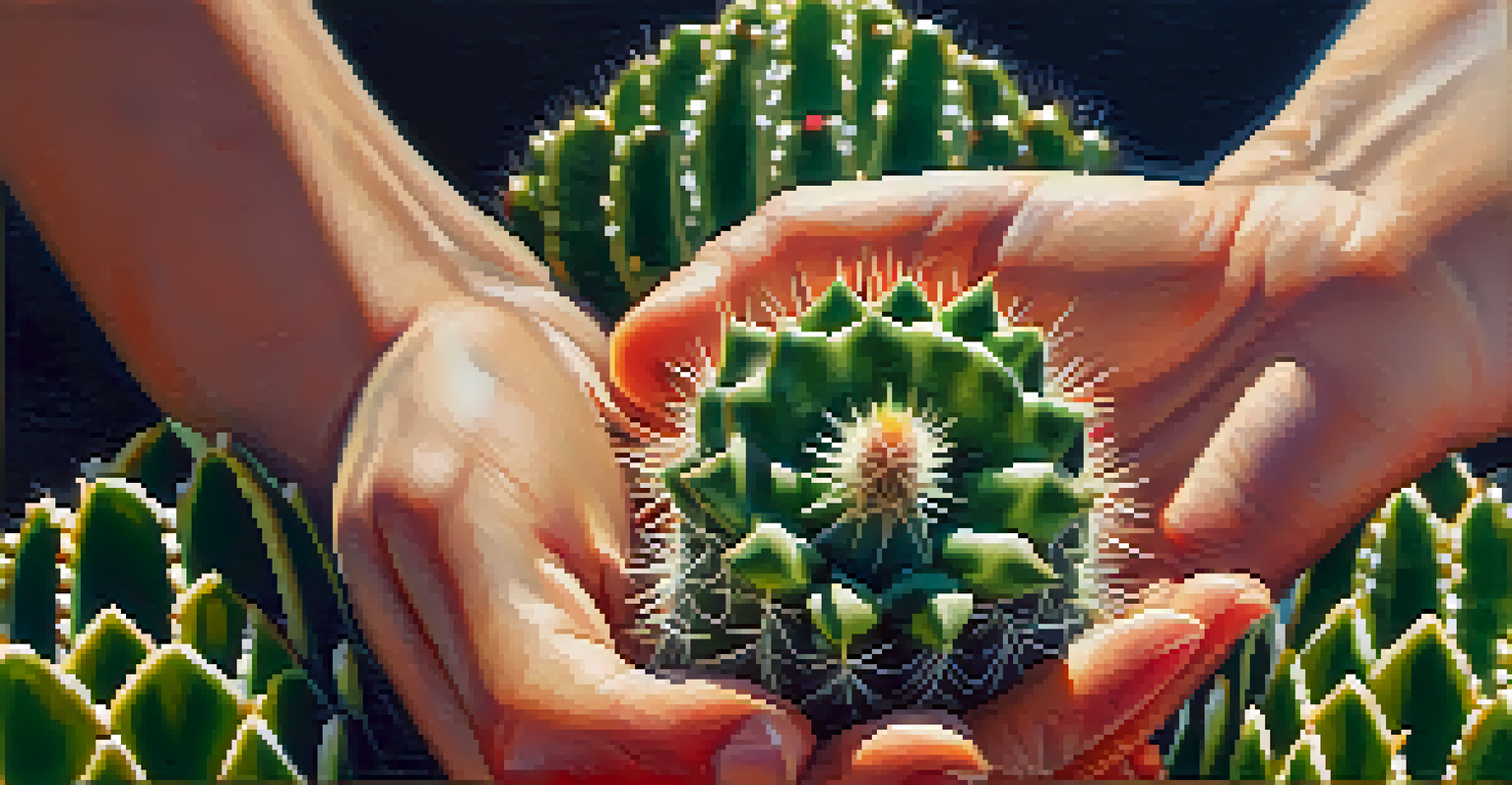 A close-up view of a hand holding a peyote cactus, showcasing its green texture and spines under natural sunlight.