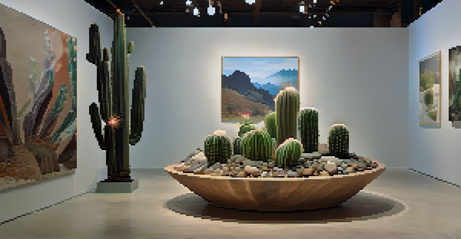 An art installation featuring a Peyote cactus in a gallery setting, surrounded by natural elements and Indigenous-inspired artwork.