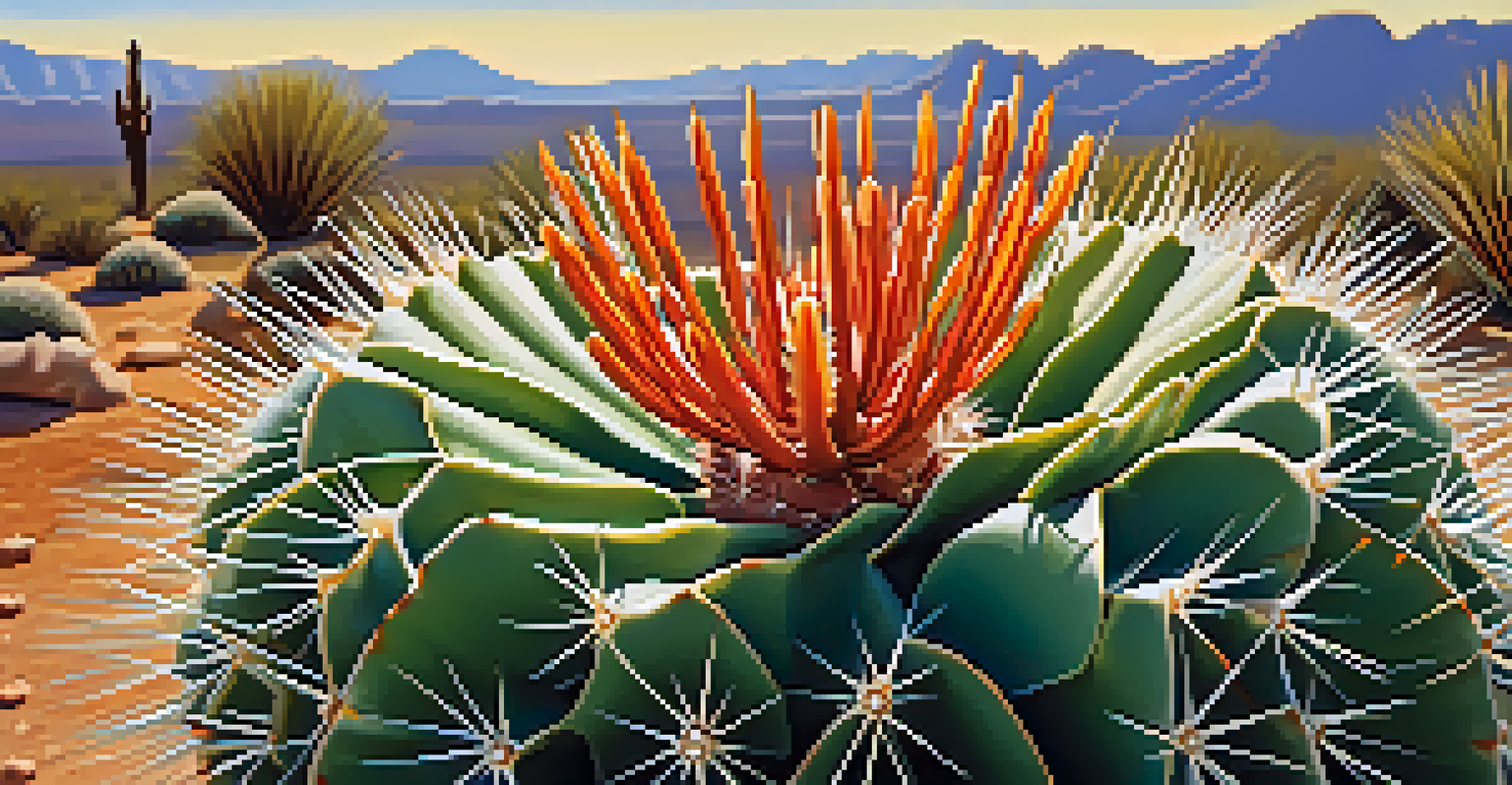 A detailed close-up of a Peyote cactus with spines and textures, blurred desert vegetation in the background.