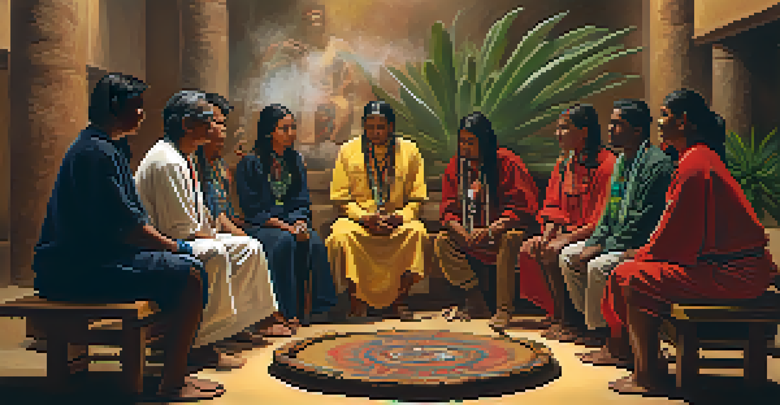 A group of Indigenous people in traditional attire gathered for a ceremonial event, with a peyote cactus on display.