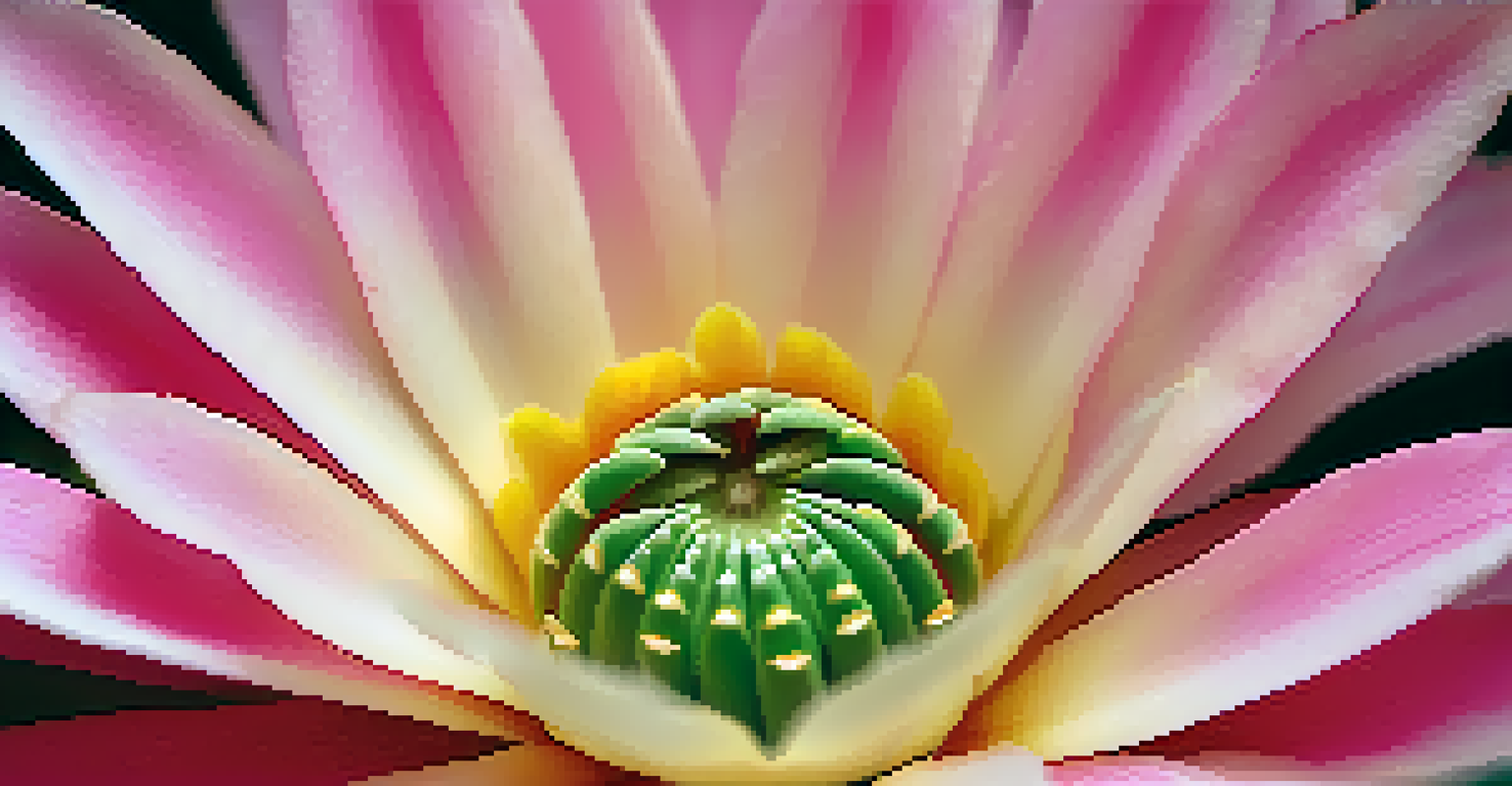 A close-up of a blooming peyote cactus flower with vibrant pink petals.