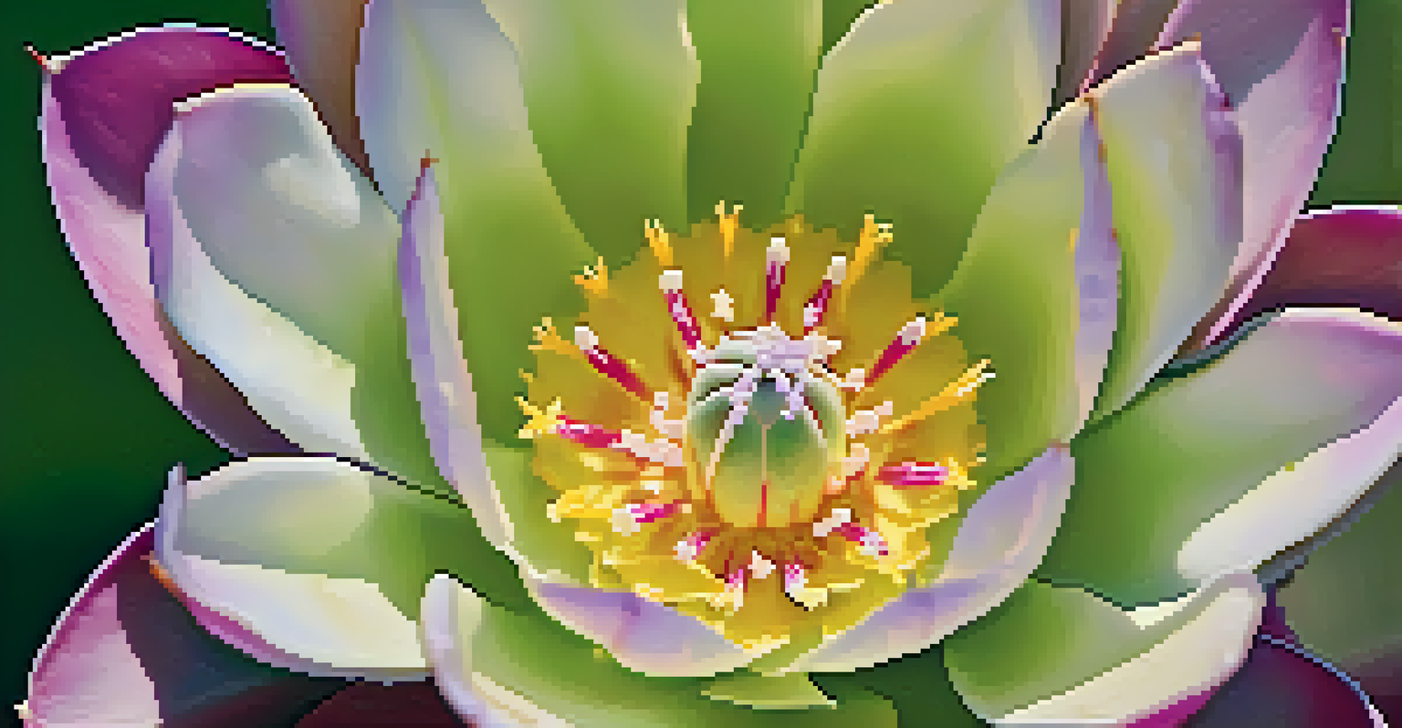 A close-up of a blooming peyote cactus flower with vibrant colors, set against a blurred green background.