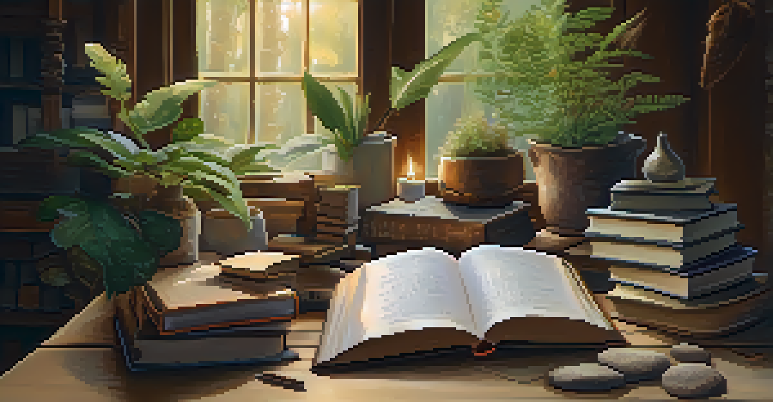 A collection of poetry books on a wooden table with natural elements and warm lighting, one book open with handwritten notes.