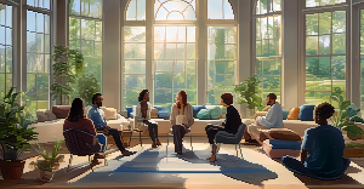 A modern therapeutic session with diverse individuals sitting in a circle in a calming environment.