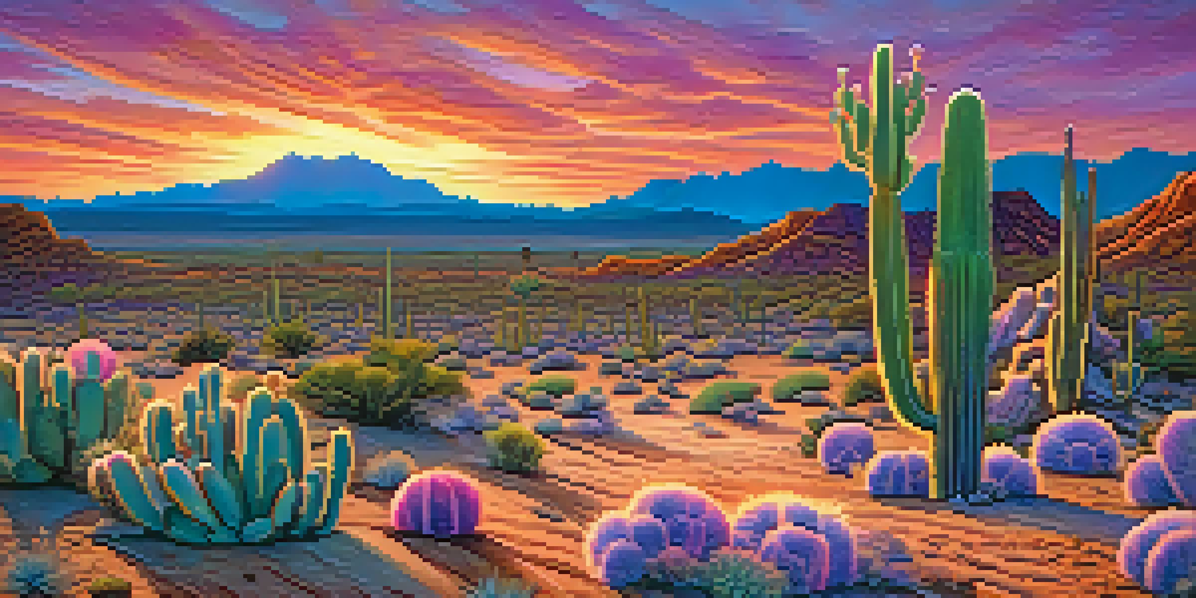 A peaceful desert scene with peyote cacti illuminated by a colorful sunset.
