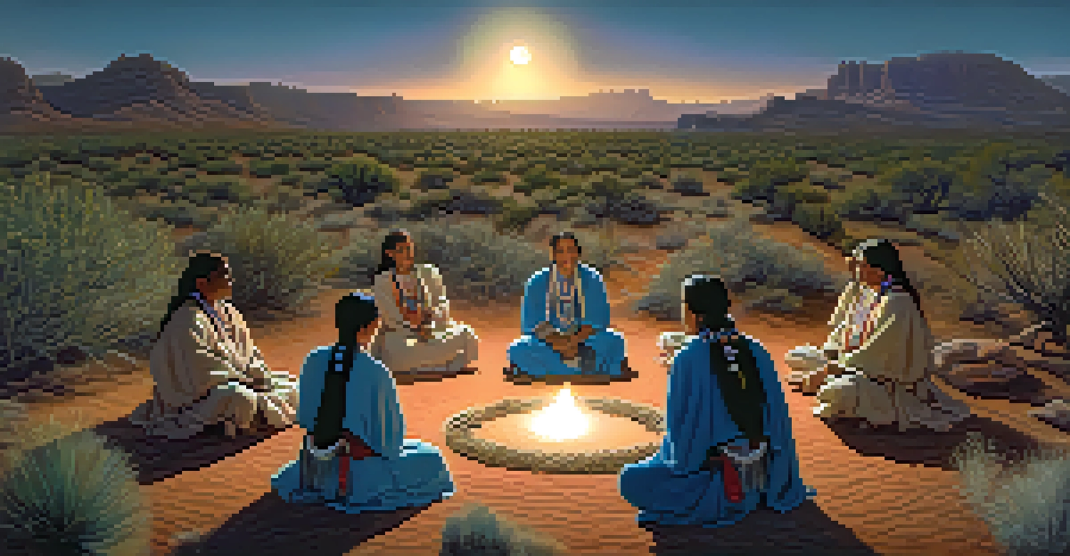 A group of Indigenous people participating in a peyote ceremony outside, with traditional clothing and a peyote cactus at the center, under a softly lit moonlit sky.