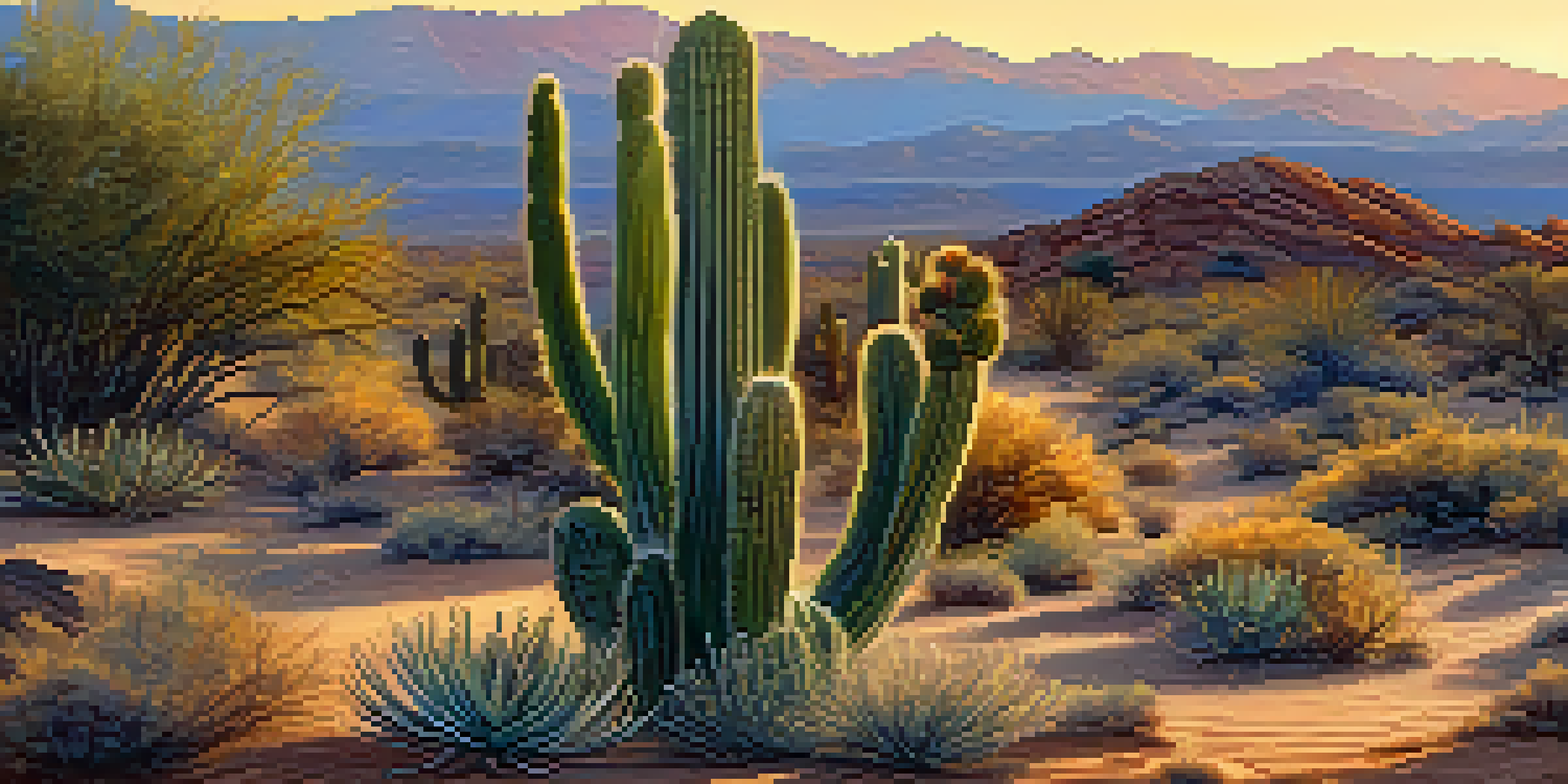A peyote cactus in a desert landscape at sunset, with colorful plants and warm lighting.