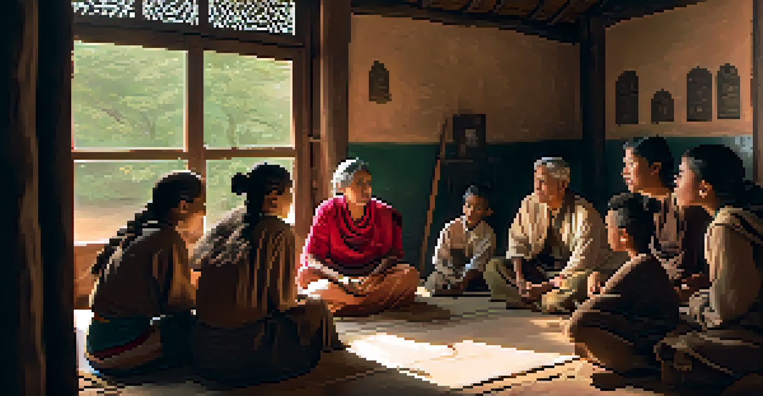 An elder teaching young people in a cozy room filled with traditional artifacts and language materials.