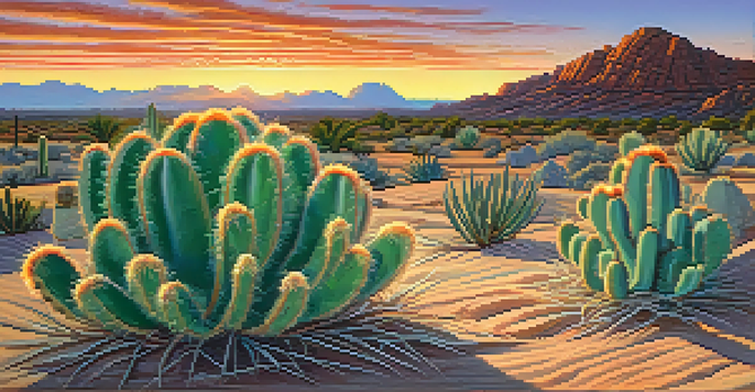 A vibrant peyote cactus in a desert landscape during sunset, with warm orange and purple hues in the sky and intricate shadows on the ground.