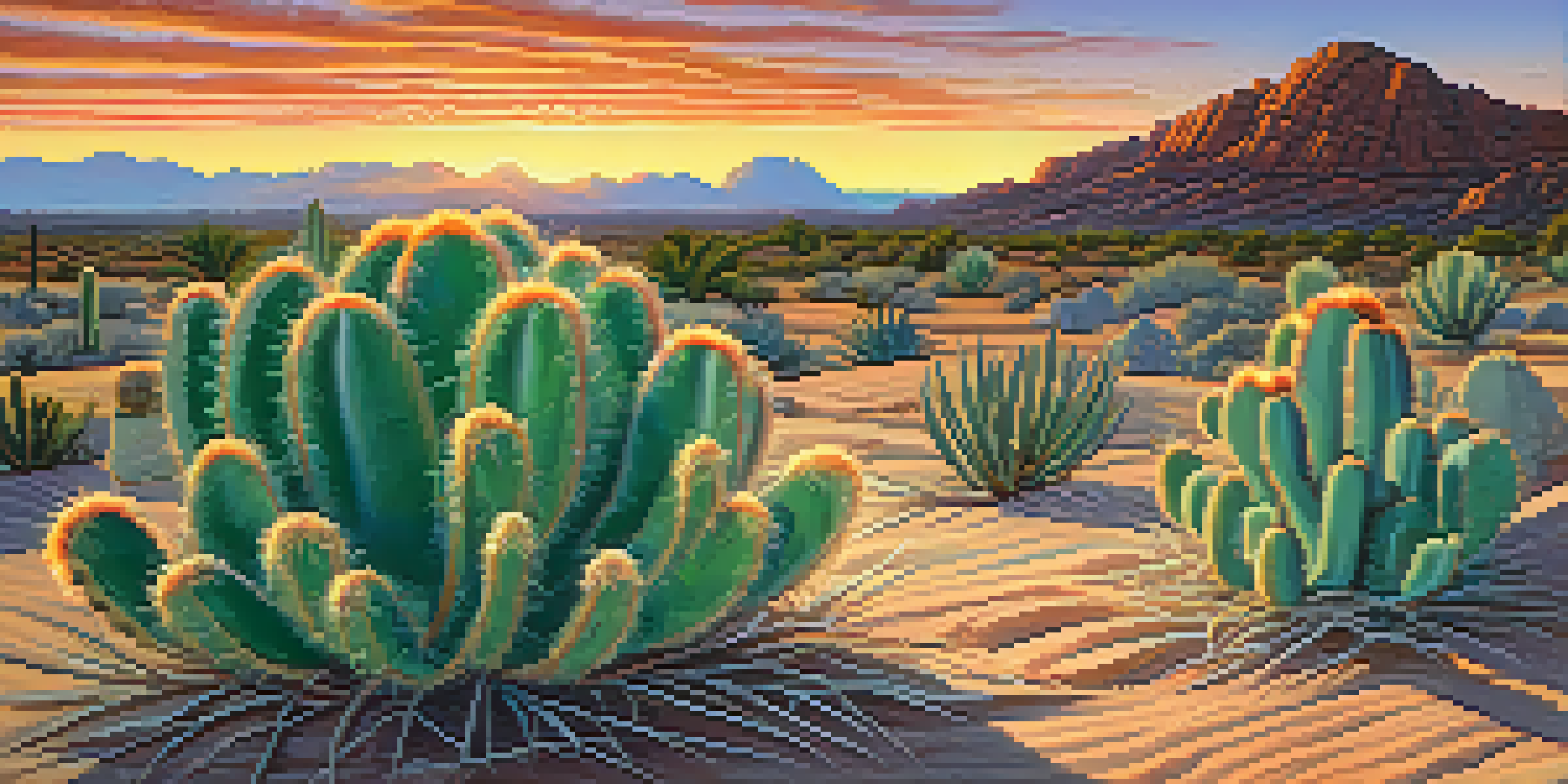 A vibrant peyote cactus in a desert landscape during sunset, with warm orange and purple hues in the sky and intricate shadows on the ground.