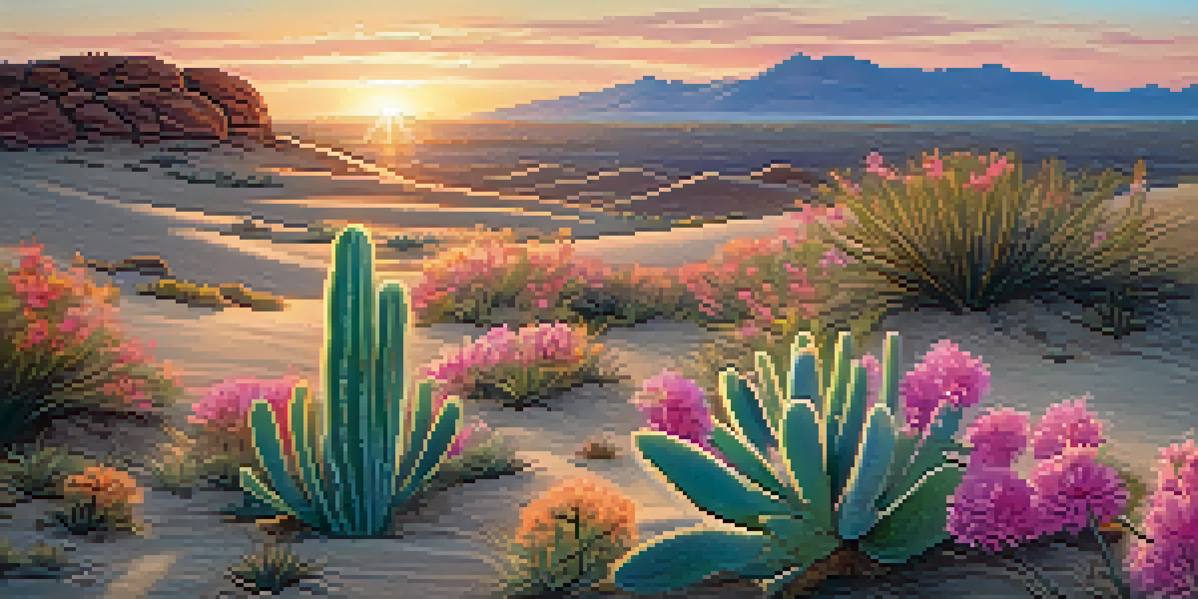 A peaceful desert scene at dawn with a small peyote cactus and colorful wildflowers under a pastel sky.