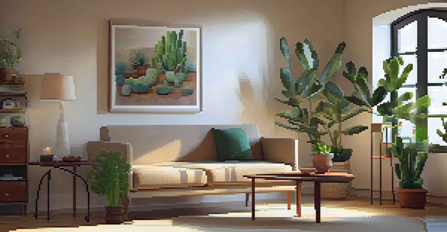 A cozy therapy room with a couch, peyote cactus, and soft lighting.