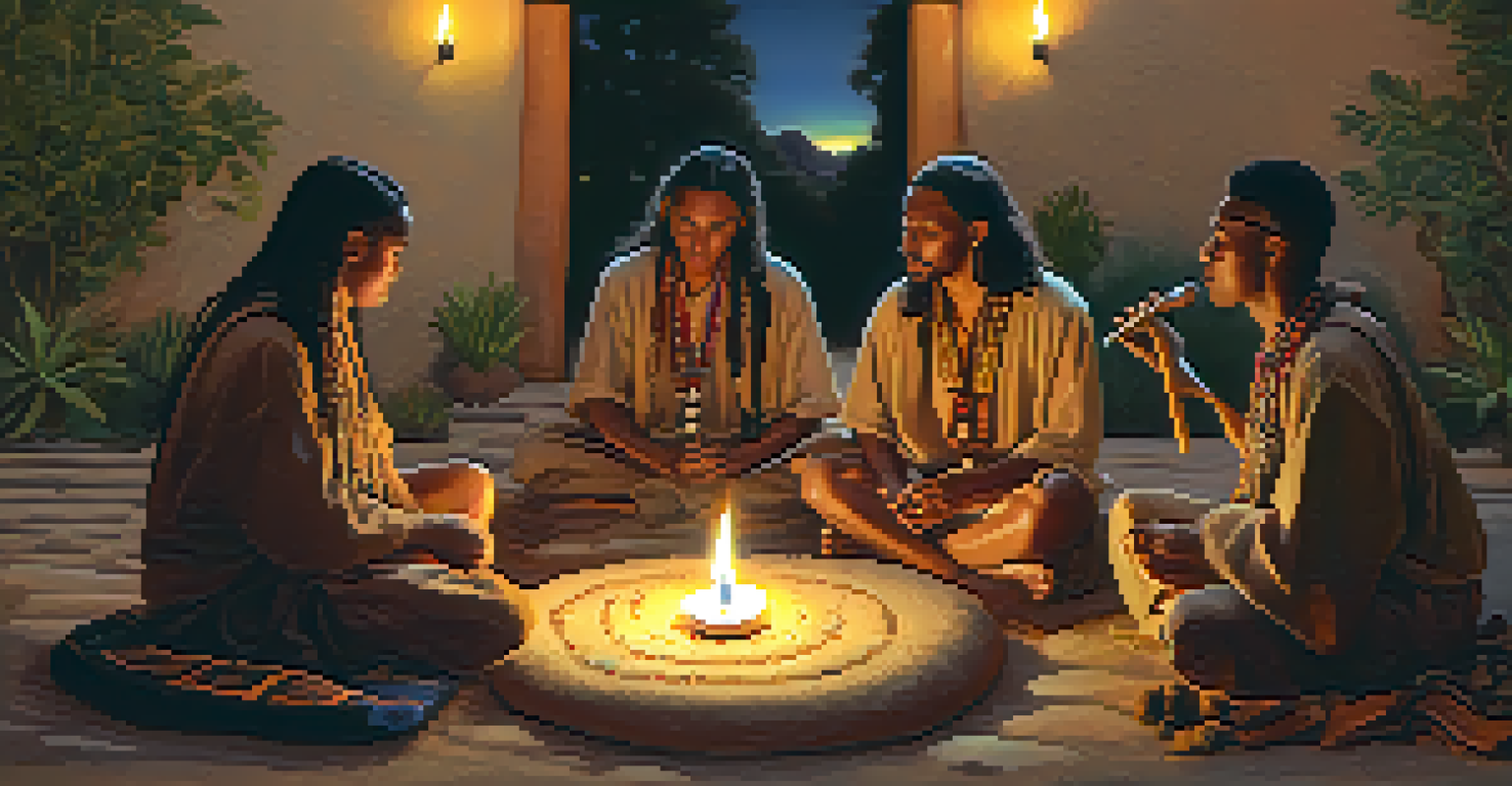 Musicians playing traditional instruments in a circle during a Peyote ceremony, surrounded by candles and natural elements.