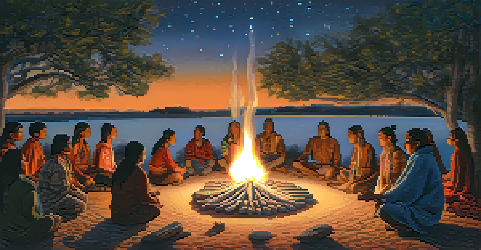 A group of Indigenous individuals engaged in a peyote ceremony around a fire at night, with traditional attire and a starry sky.