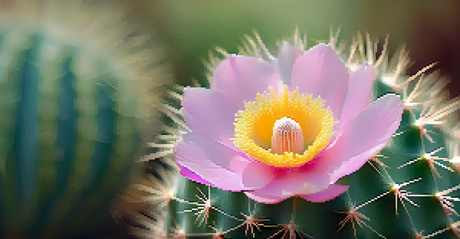 Close-up of a blooming peyote cactus flower with pink petals and green textures, softly blurred background.